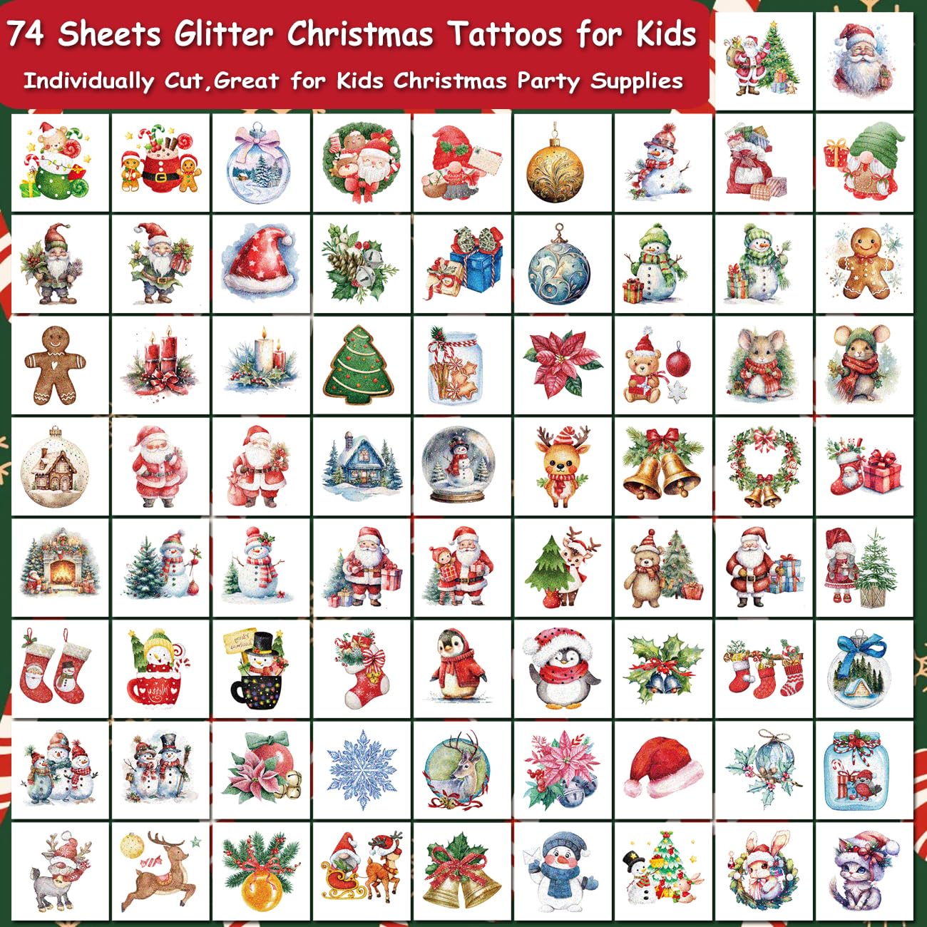 Glitter Christmas Temporary Tattoos for Kids - 74 Individually Sheets for Xmas Party Favors, Stocking Stuffer, Christmas Eve Gift - Image 2
