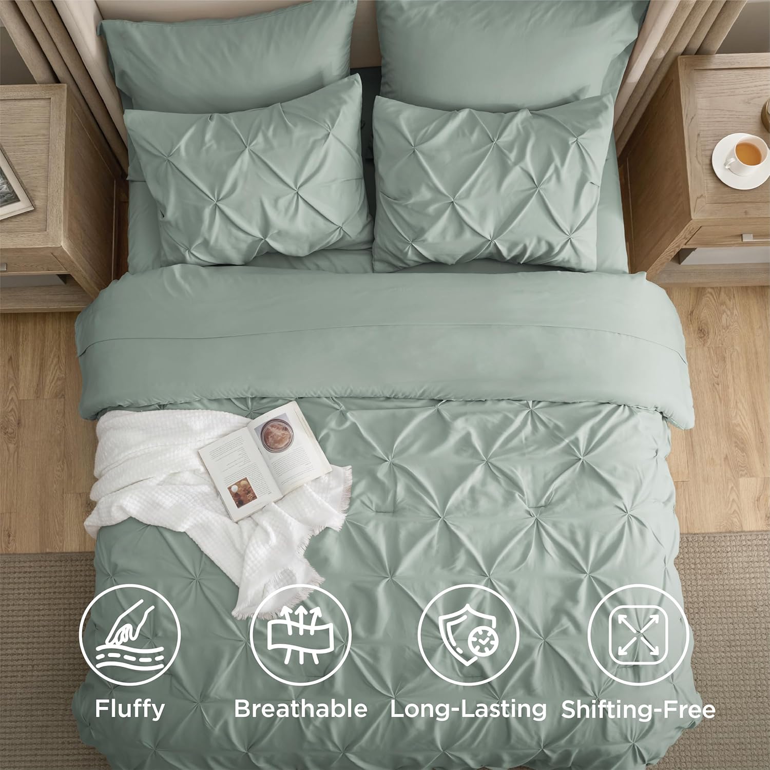 Bedsure Queen Comforter Set Sage Green - Bed in a Bag Queen Size Bedding 7 Pieces, GentleSoft™ Pintuck Bed Set Gift for Family, Pinch Pleat All Season Comforter with Sheets, Pillowcases & Shams - Image 8
