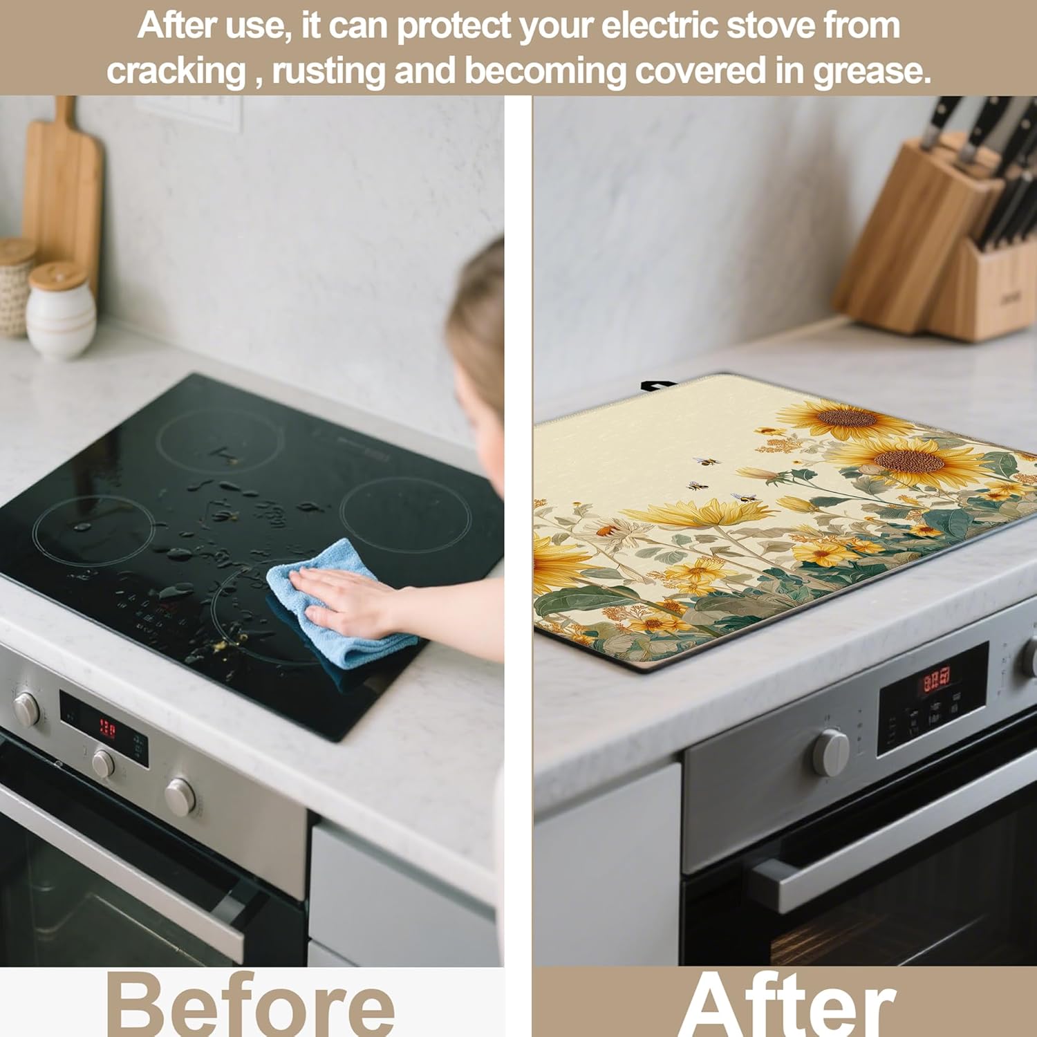 Stove Top Covers for Electric Stove,Sunflower Bee Glass Top Cover Non-Stick Kitchen Pad for Gas Cooktop Washable Countertop Protector Mat Keep Stove Clean 28.5'' x 20.5'' - Image 7