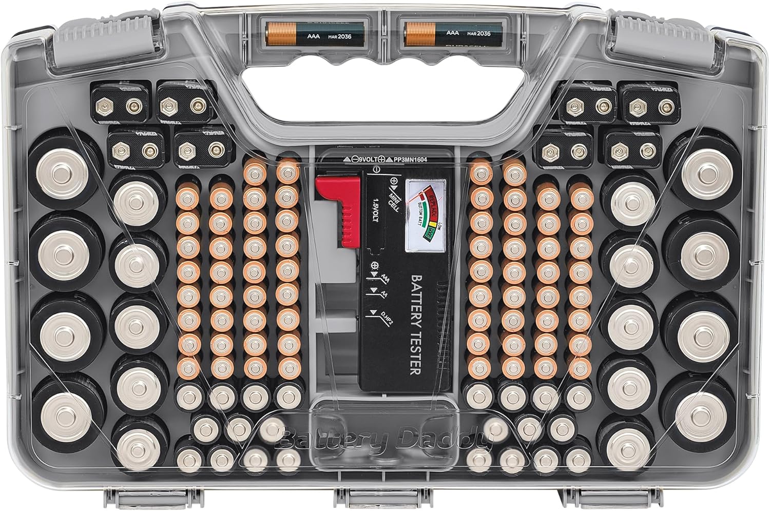 Ontel Battery Daddy Storage & Organizer Case with Tester, Stores & Protects Up to 180 Batteries, Double-Sided, Durable Design W/Clear Locking Lid, Secure Latches & Portable Carrying Handle- Warm Grey - Image 8