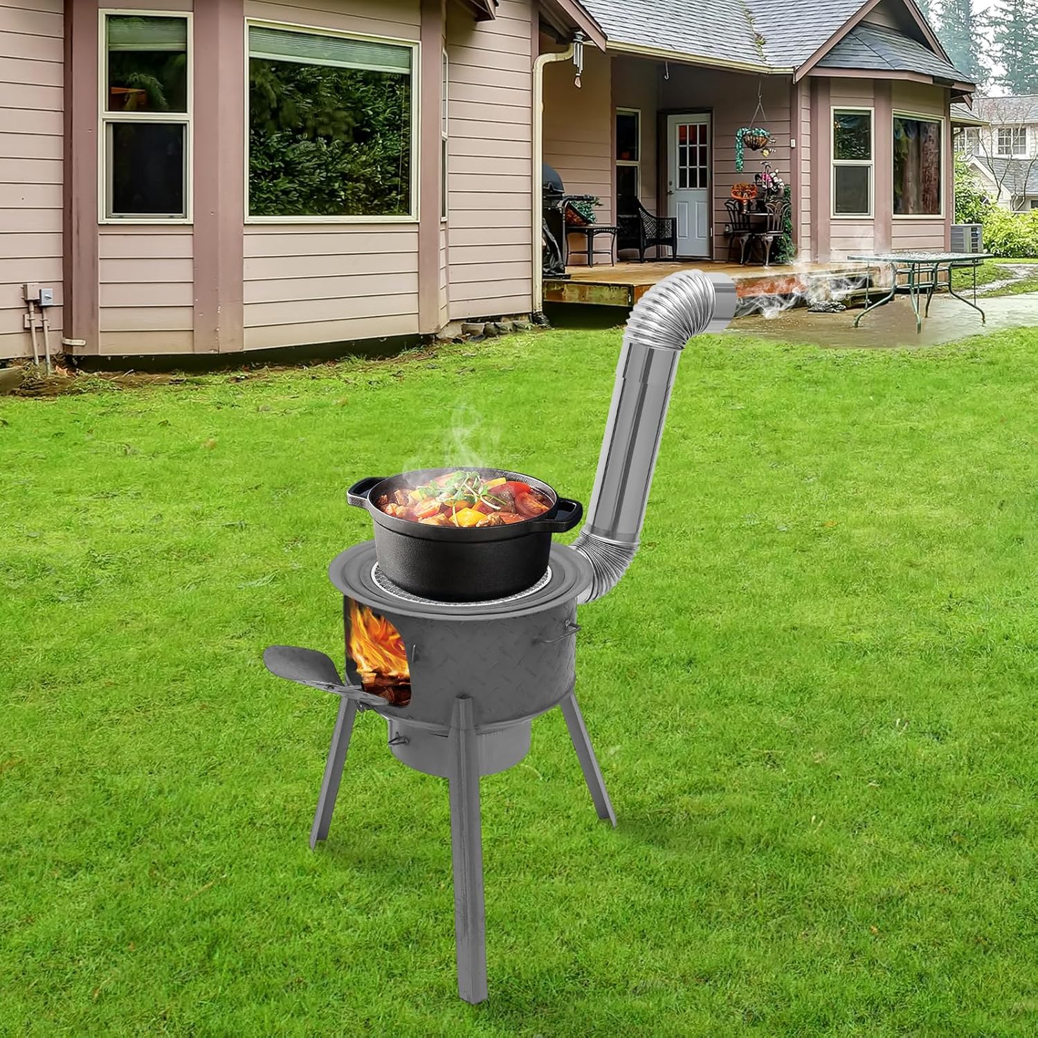 Portable Wood Burning Rocket Stove with Chimney Pipe, Heavy Duty Steel Camping Stove with Grill for Tent Heating & Outdoor Cooking for Camping, Hunting, Ice Fishing - Image 2