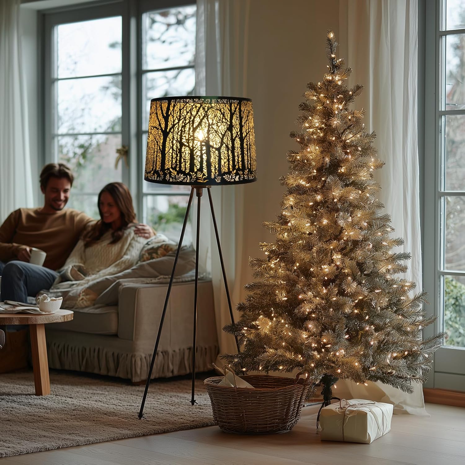 Oversized Large Lampshade Drum Metal Lamp Shade With Etched Metal Openwork Dense Jungle Pattern 14" Top X 16" Bottom X 11" High For Floor Lamps Replacement, Spider - Image 2