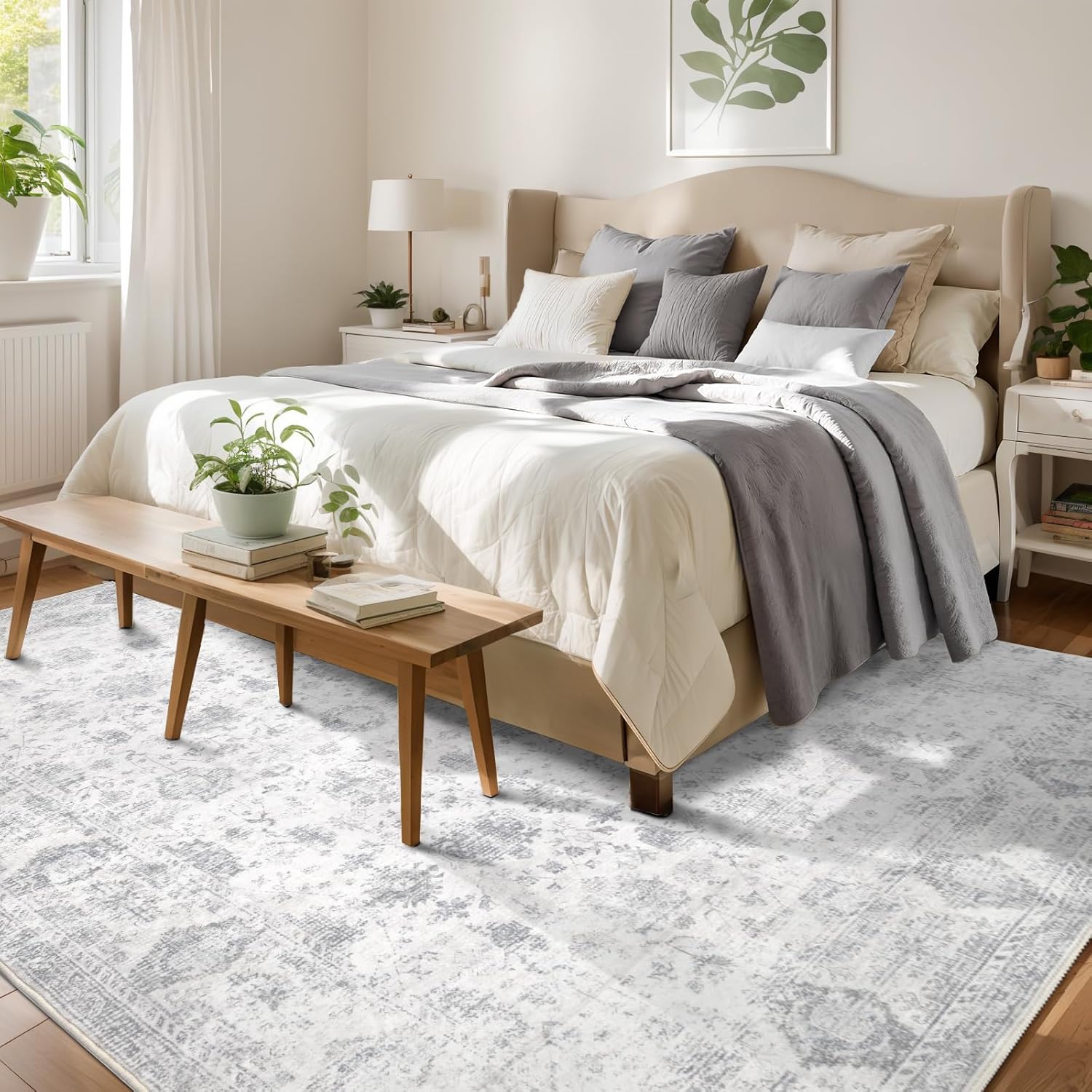 Washable 8×10 Area Rug for Living Room, Vintage Floral Rug Soft Non Slip Stain Resistant Boho Carpet for Bedroom Dinning Room Kitchen Home Office Grey - Image 2