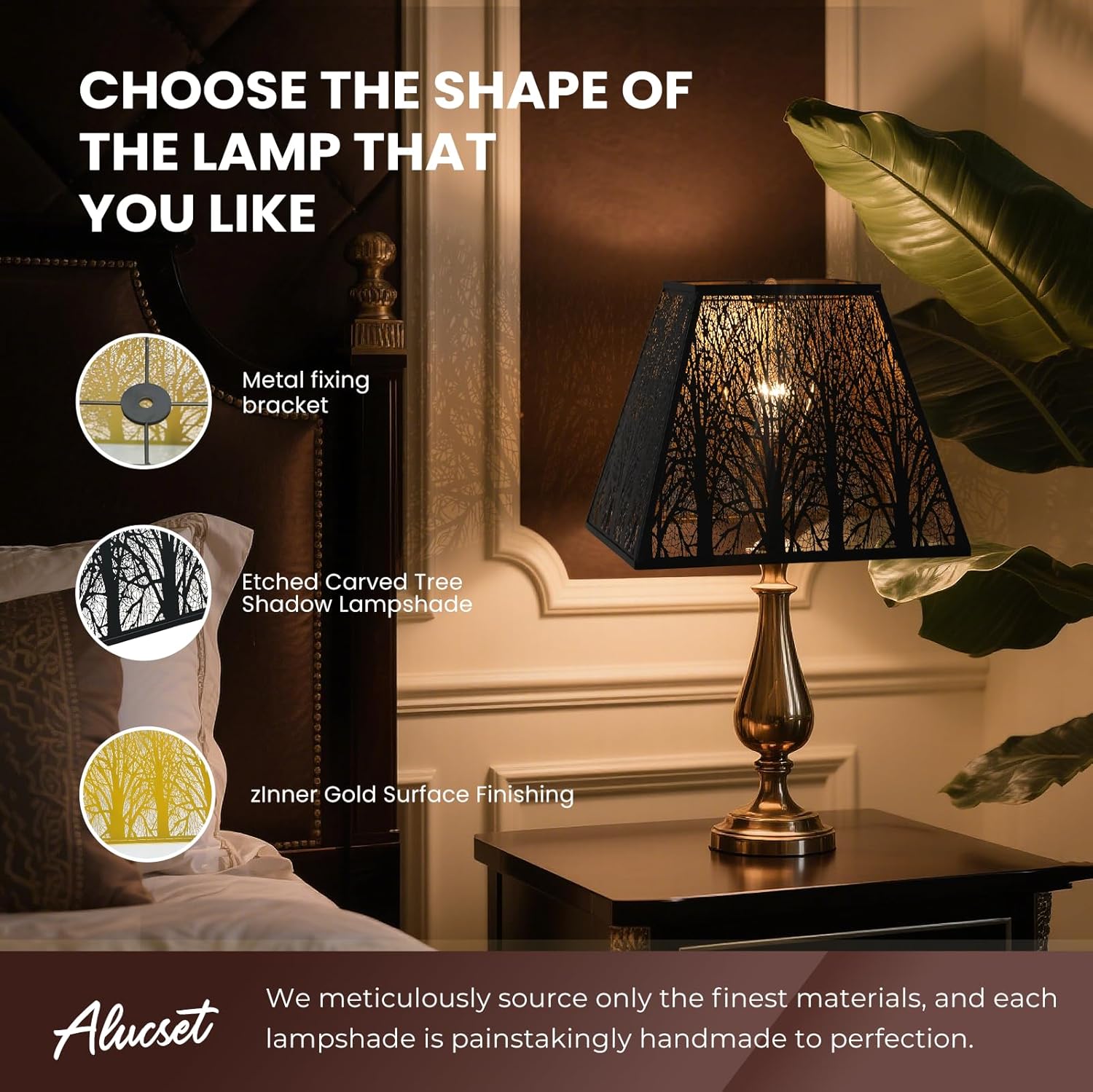 Large Metal Lampshade New Pyramid Shape Design 8'' Top 14'' Bottom 11'' Height ALUCSET Square Bell Shade Lamp Shade Forest Design Black and Gold fits for Table Lamps and Floor Lamps - Image 2