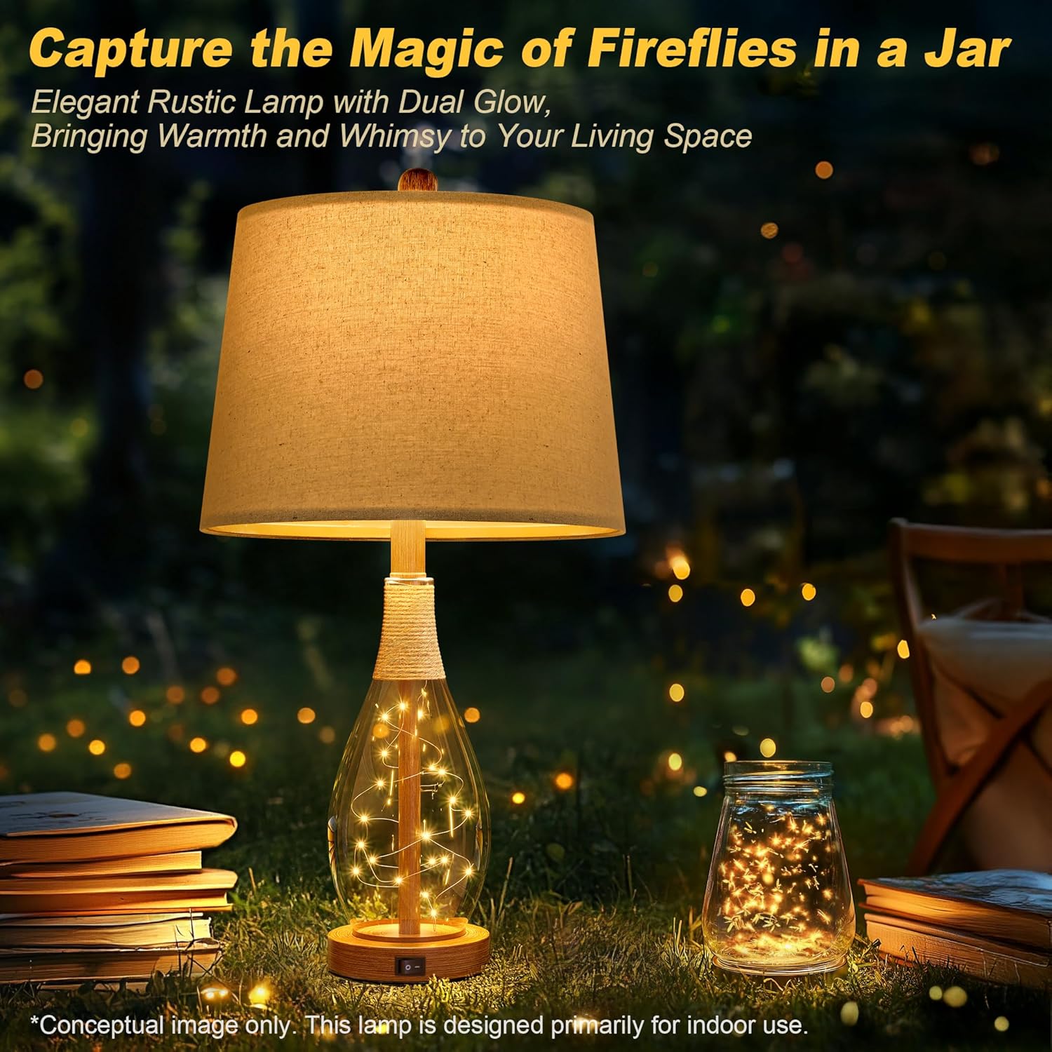 OYEARS 23" USB A+C Table Lamp Set of 2 Modern Bedside Lamps Retro Farmhouse Rattan Glass Nightstand Nightlight Lamps for Bedroom Living Room Dorm,Two Light Points - Image 4