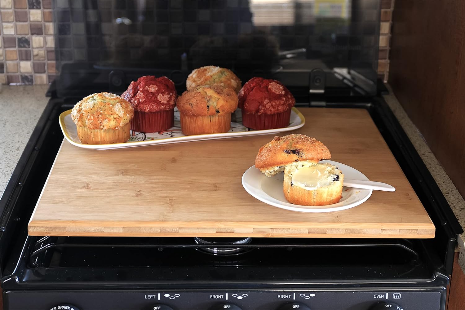 Camco Silent Top RV Stovetop Cover - Features Natural Bamboo Design w/Non-Toxic Protective Finish & 4 Non-Slip Rubber Feet - Fits Most 3 or 4 Burner RV Stoves - Measures 19.5” x 17” x .75” (43571) - Image 2