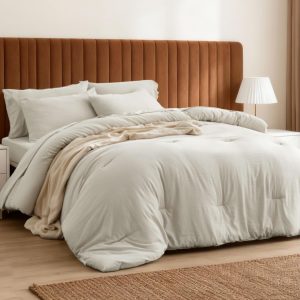 Bedsure Full Size Comforter Set, Beige Soft Prewashed Bedding for All Seasons, 7 Pieces Warm Winter Down Alternative Bed Set, Fluffy Bed in a Bag with Sheets, Pillowcases & Shams