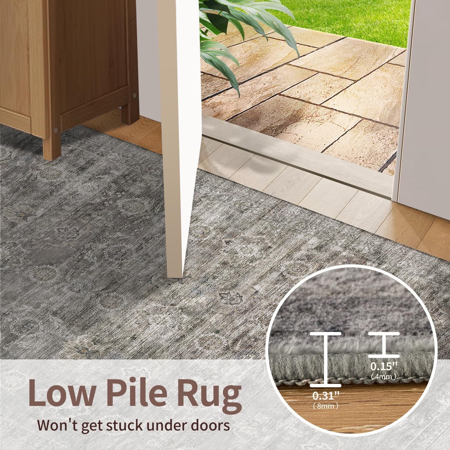 Area Rugs 5x7 for Living Room Bedroom, Grey Washable Rug, Vintage Retro Boho Rug, Non Slip & Low Pile Faux Wool Thin Carpet for Indoor Dining Room, Dorm and Kids Room(Taupe/Grey 5x7ft) - Image 5