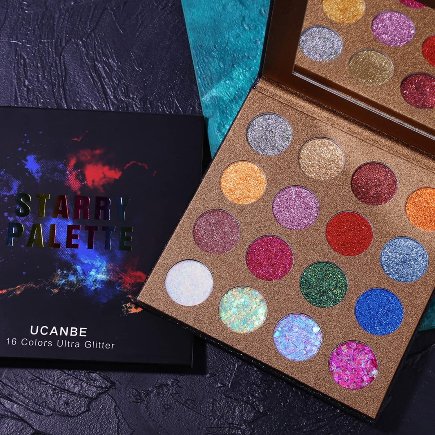 UCANBE Pro Glitter Eyeshadow Palette - Professional 16 Colors - Chunky & Fine Pressed Glitter Eye Shadow Powder Makeup Pallet Highly Pigmented Ultra Shimmer for Face Body - Image 6