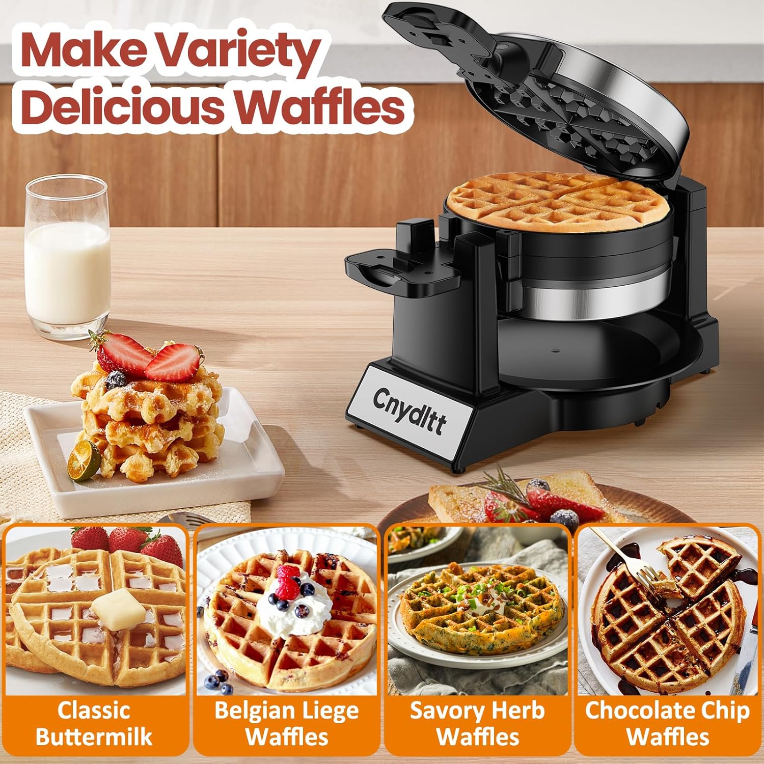 Double Waffle Maker, 1400W Rotating Belgian Waffle Iron with Nonstick Plates, 180° Flip, 8-Slice, Removable Drip Tray, Locking Lid & Cool Touch Handles, Stainless, Black - Image 3