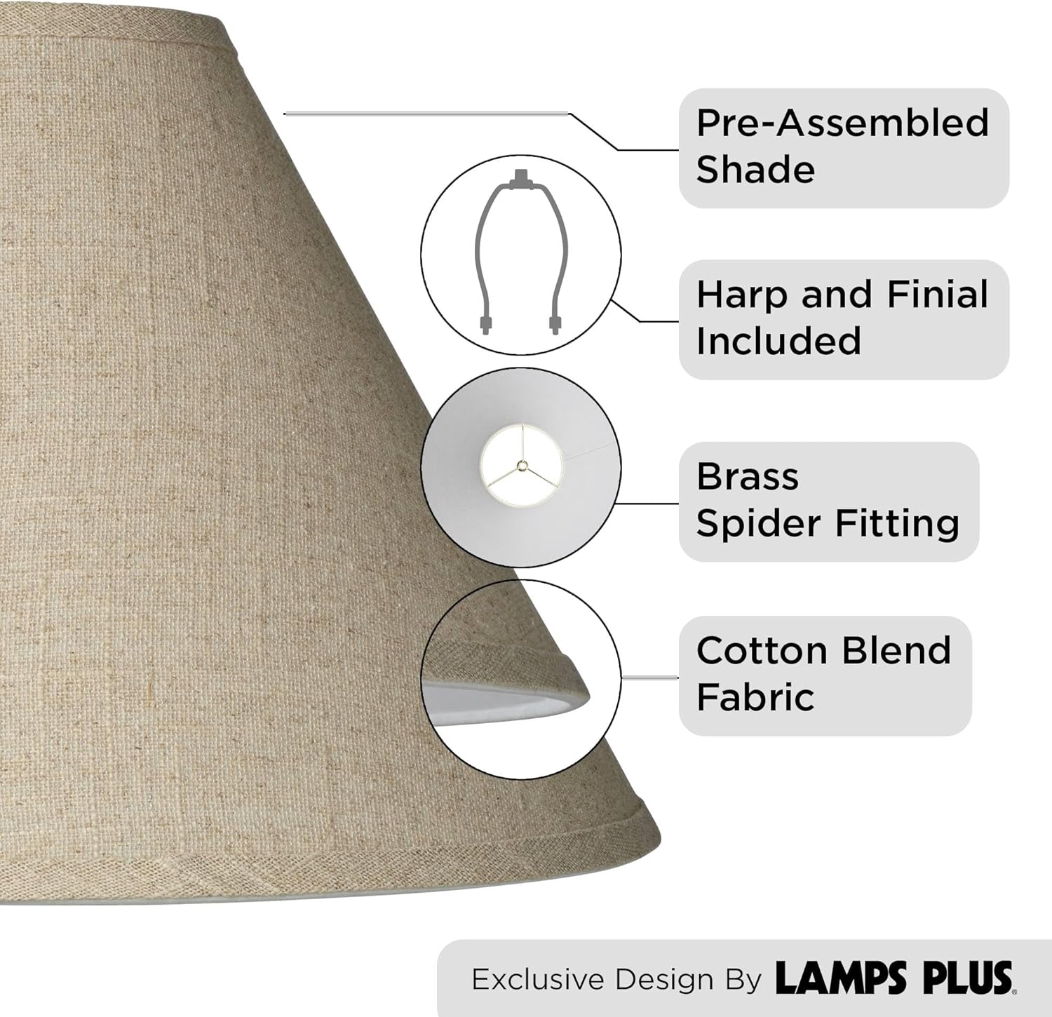 6" Top x 17" Bottom x 11 1/2" High x 11 1/2" Slant Lamp Shade Replacement Large Beige Brown Empire Round Rustic Farmhouse Western Fine Burlap Fabric Spider Harp Finial - Springcrest - Image 3