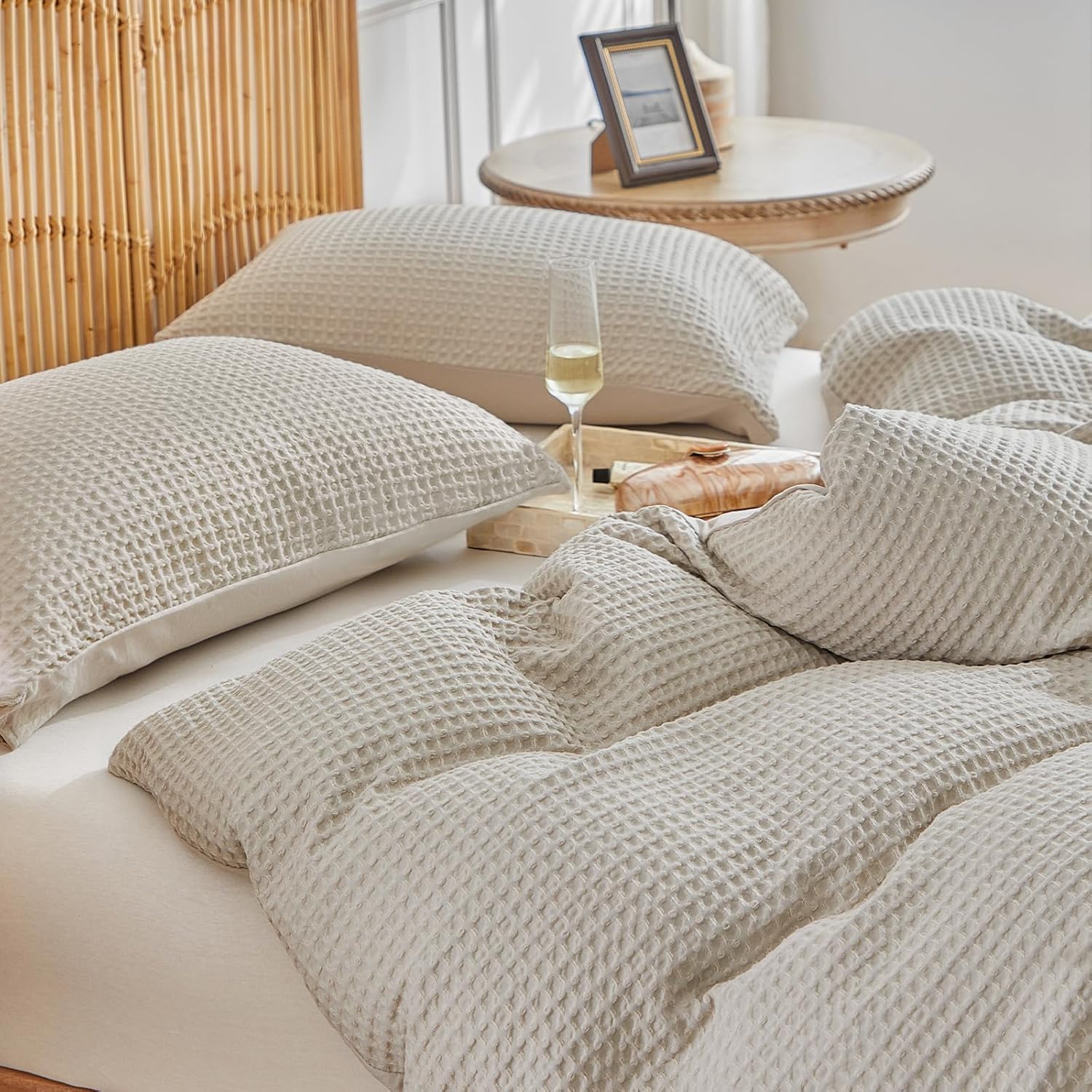 WARMDERN Waffle Weave Duvet Cover Queen Size, Khaki Textured Duvet Cover Set, Soft and Breathable Comforter Cover, 3 Pieces Microfiber Bedding Set for All Season(Khaki,Queen) - Image 7