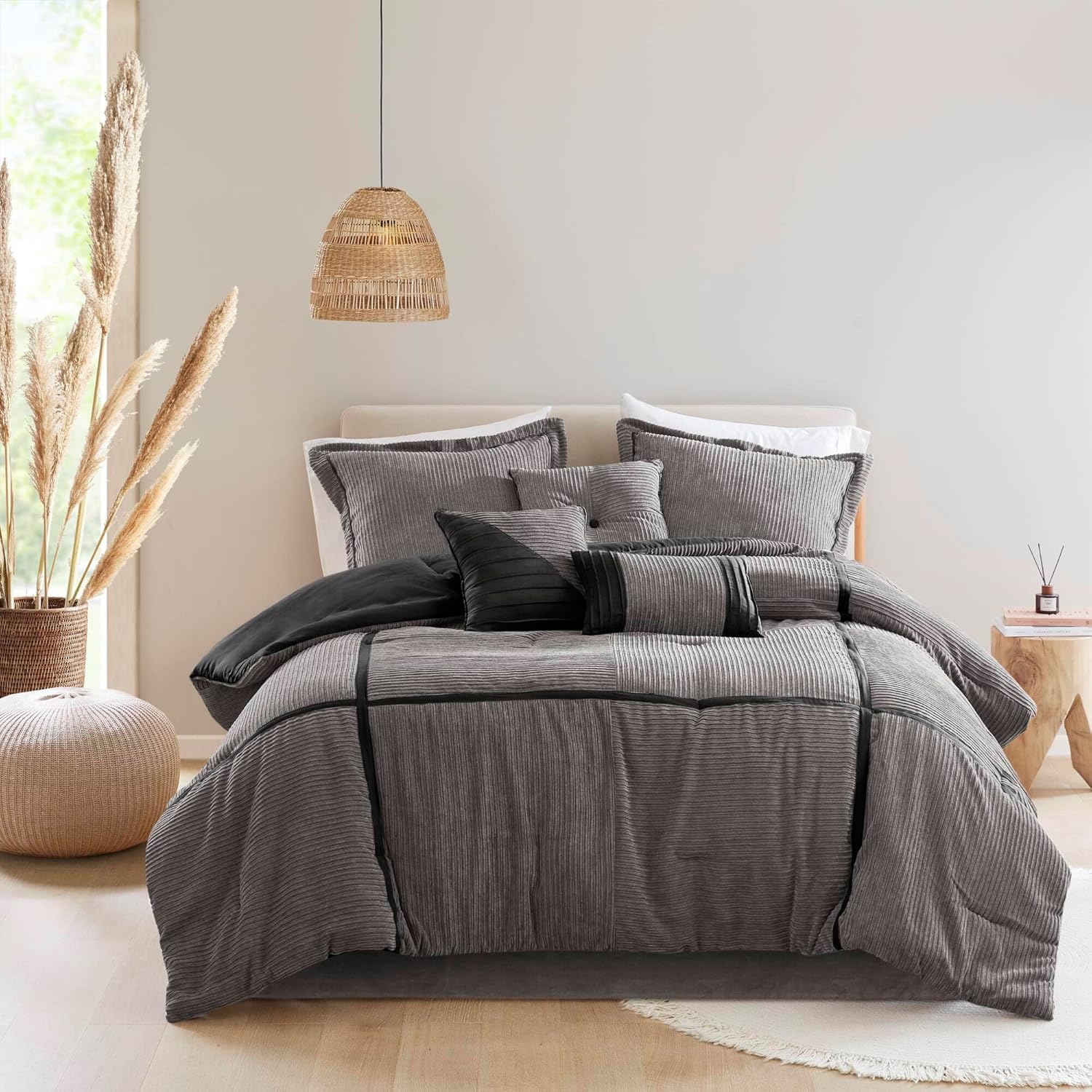 CHARMMA 7 Piece Micro Corduroy Comforter Set Grey Cal King, Grey, 104.00×92.00×1.50in