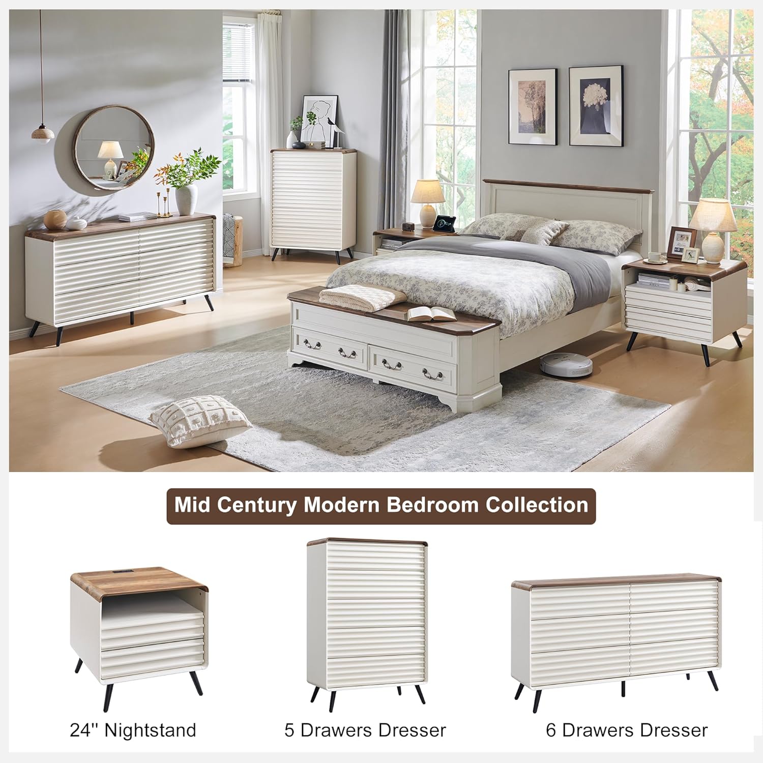 RedLemon 24" Nightstand with Charger Station, Mid Century Modern Fluted End Table with 2 Drawers, Wooden Side Table with Open Cubby Storage for Living Room, Bedroom, Office (Antuique White) - Image 6