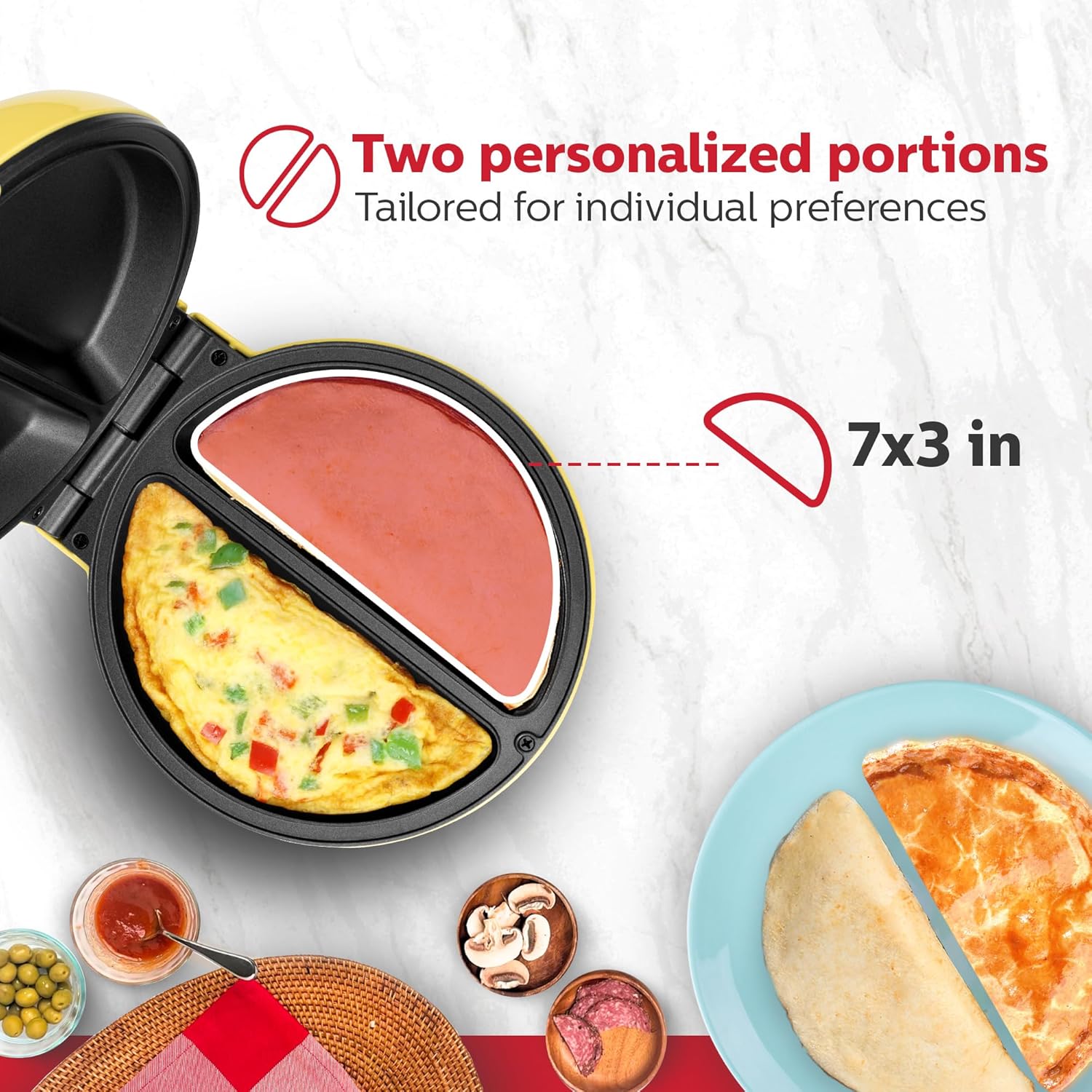Holstein Housewares Stainless Steel 2 Section Omelet & Frittata Maker, Non Stick Coating, Easy To Clean, Indicator Lights, Compact Storage, Prepare Versatile Recipes in Minutes. 2 Portions, Yellow - Image 4