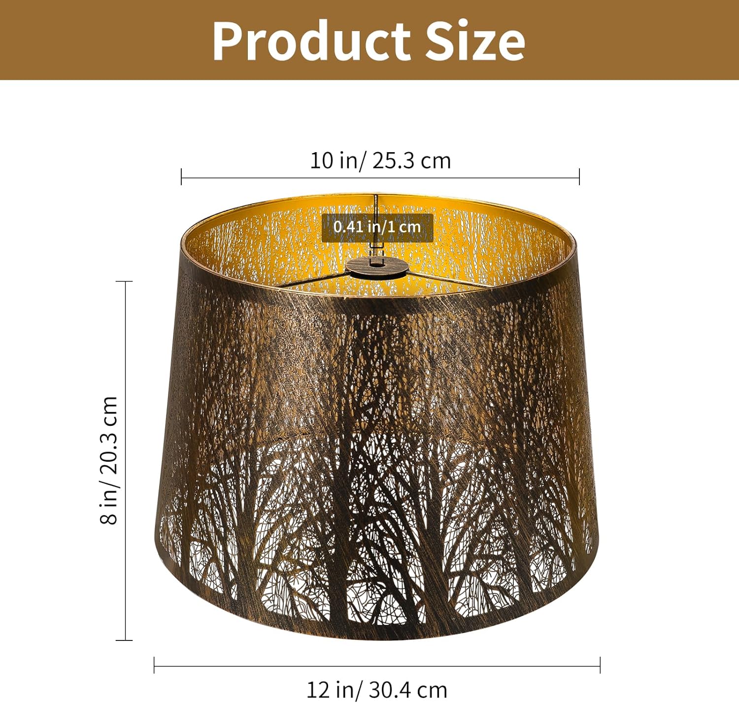 Etched Forest Metal Lampshade, ALUCSET Drum Metal Lamp Shade for Table Lamp,10" Top x 12" Bottom x 8" High Replacement Vintage Lamp Shade, Pattern of Trees Spider Lamp Cover (Antique Bronze Gold) - Image 2