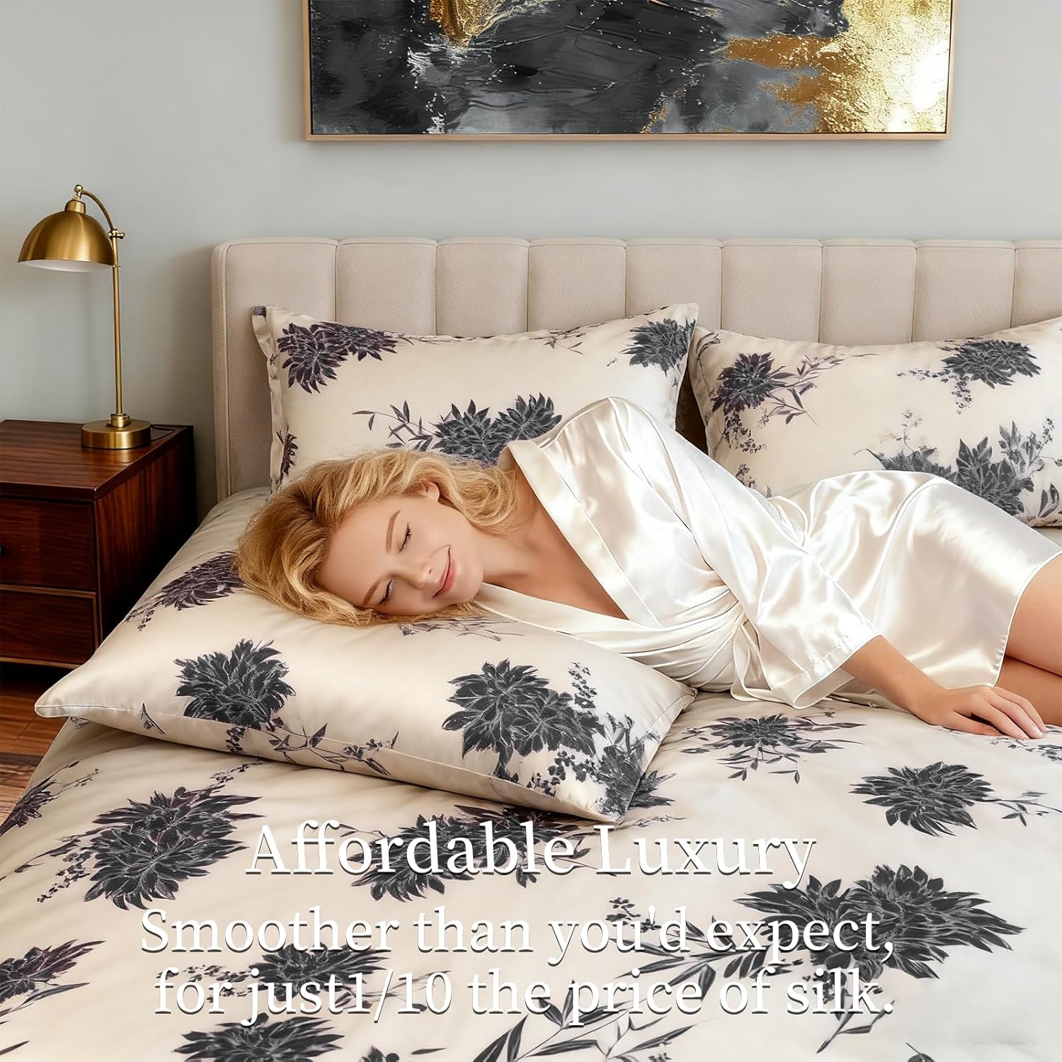 Large Bed Set - Floral Pattern Bed Set, 4-Piece Bedding, 1 Soft Plant Floral Duvet Cover, 1 Comfortable Plant Bed Sheet, and 2 Pillowcases (Cream, King 104 * 90) - Image 4