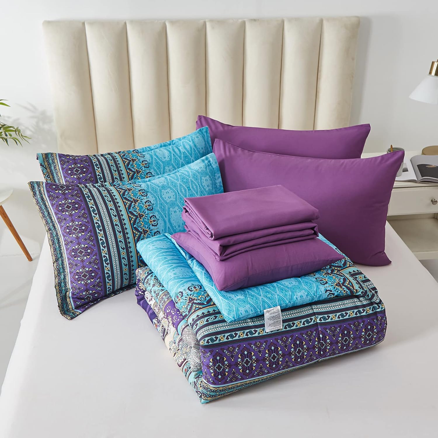 Cottolester Boho Comforter Set King Size 8 Piece Bed in a Bag Bohemian Striped Bedding Quilt Set Aqua Paisley Floral Comforter and Sheet Set,Soft Microfiber Complete Bedding Sets for All Season - Image 6