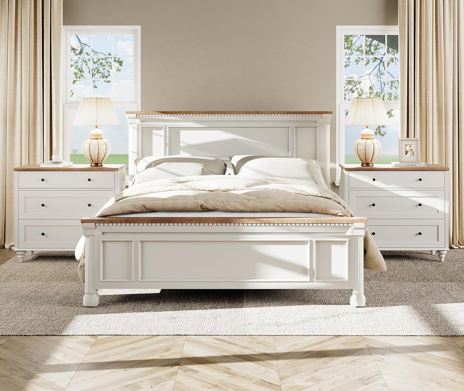 WAMPAT Farmhouse Nightstand with 3 Drawers, Set of 2 Large 3 Drawers Wood Bedside Table Night Stand, Wide Sofa Side End Table Chest of Dresser for Living Room, Bedroom, White, 34 inch - Image 7