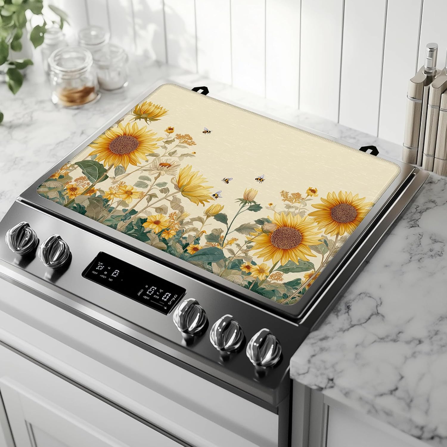 Stove Top Covers for Electric Stove,Sunflower Bee Glass Top Cover Non-Stick Kitchen Pad for Gas Cooktop Washable Countertop Protector Mat Keep Stove Clean 28.5'' x 20.5''