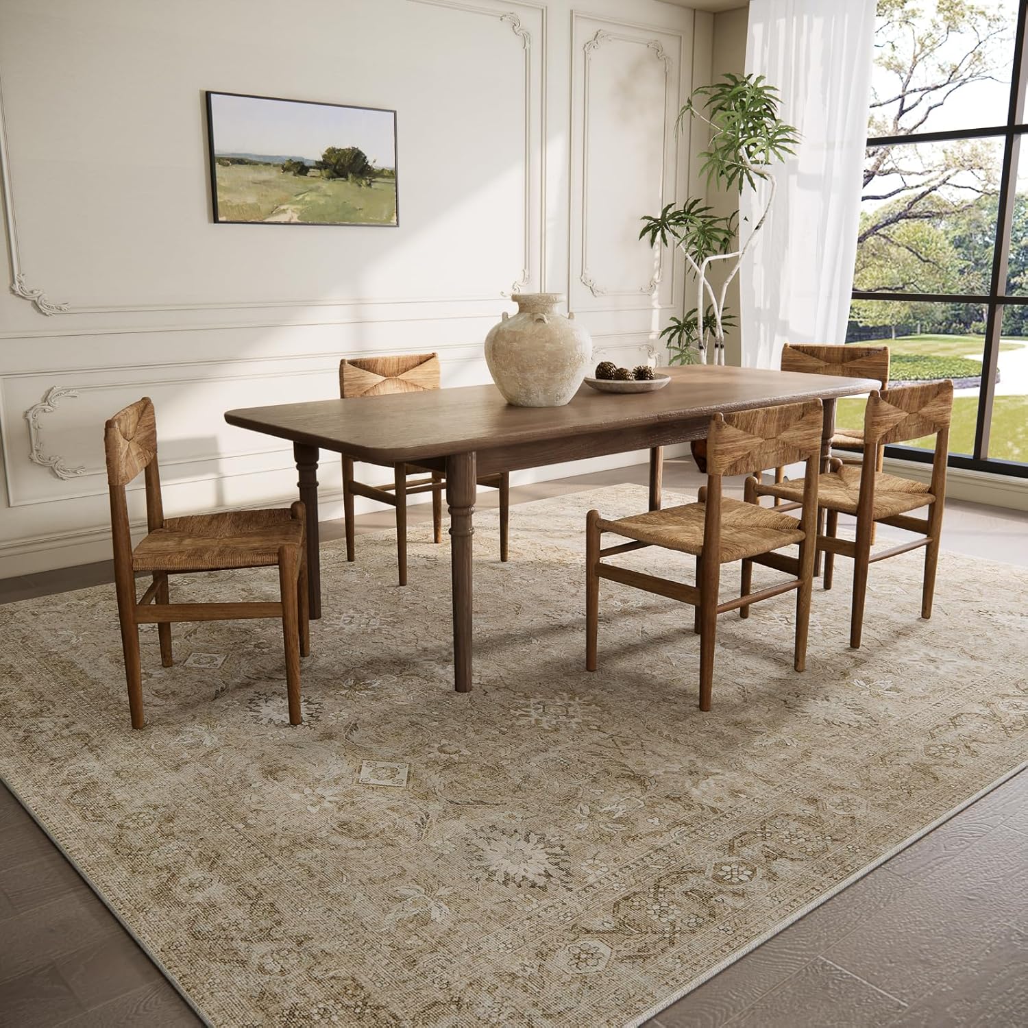 Washable Area Rug: 8'x10' Large Stain Resistant Distressed Vintage Boho Non Slip Low Pile Faux Wool Soft Rug for Bedroom, Kitchen, Dining Room, Nursery, Playroom - Image 2