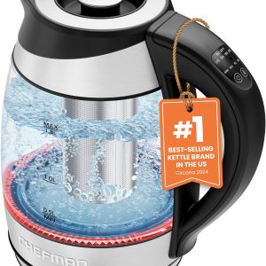 Chefman Electric Kettle with Temperature Control, 5 Presets LED Indicator Lights, Removable Tea Infuser, Glass Tea Kettle & Hot Water Boiler, 360° Swivel Base, BPA Free, Stainless Steel, 1.8 Liters
