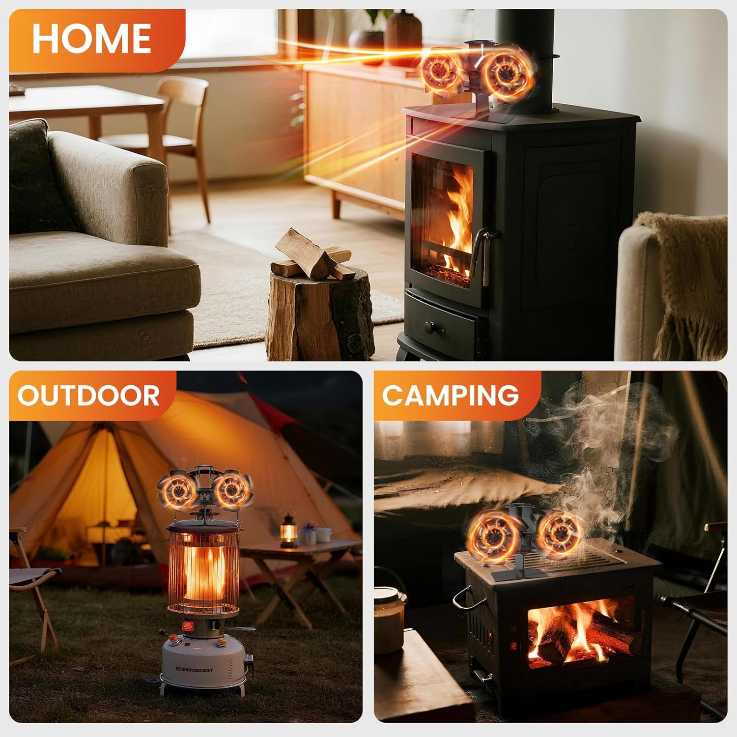 Wood Stove Fan Heat Powered Dual Motor | Non Electric Heat Activated Fan for Wood Burning Stove | Thermoelectric Fireplace Fan w/Stove Thermometer Stove Accessories - Image 4