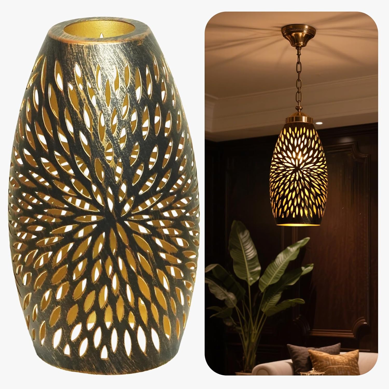 Pendant Light Shade Replacement, Metal Lampshade with 1-5/8″ Fitter, 7.8″ Height and 4.7″ Diameter Etched Hollowed Lamp Shade, Antique Bronze Oval Shaped Cover for Chandelier Pendant Light Wall Lamp