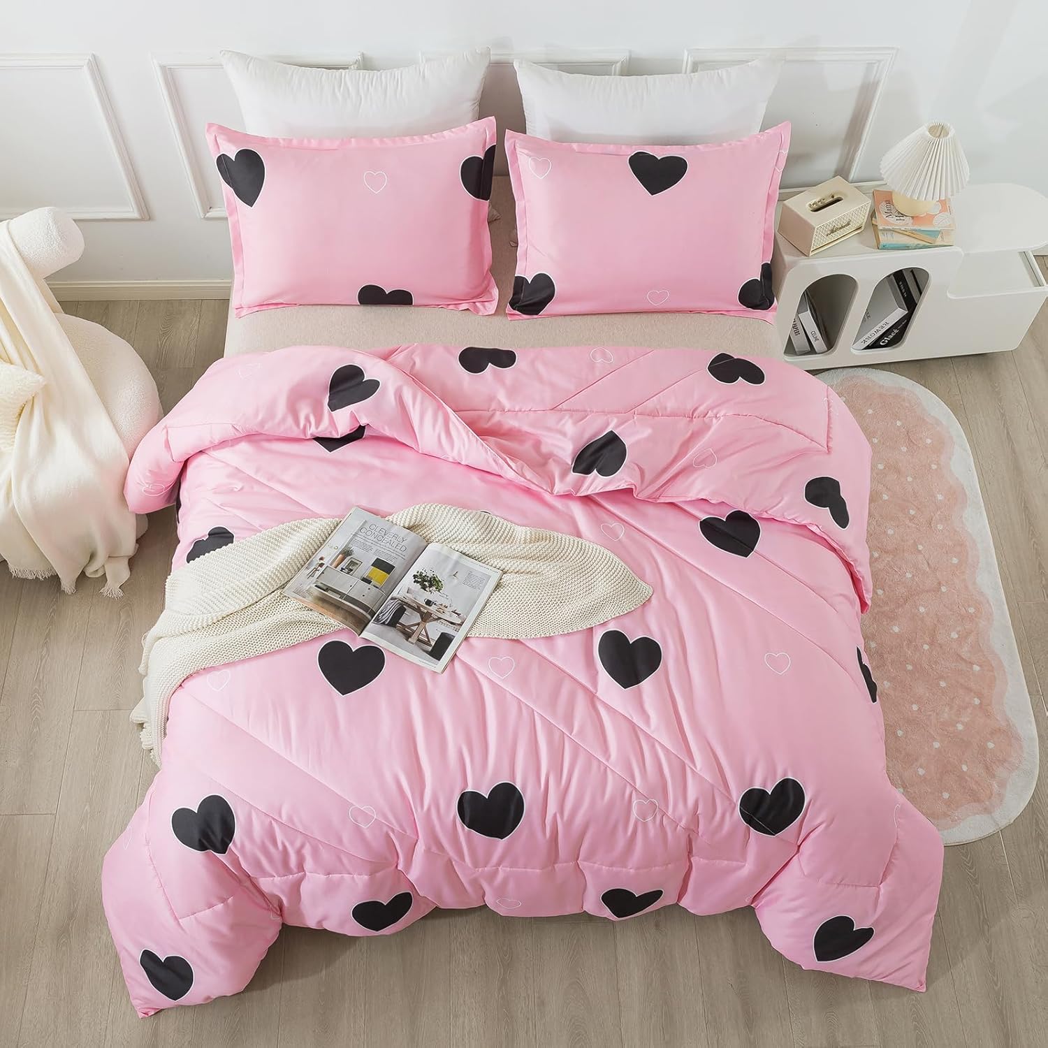 Caressma Love Pattern Girls Pink Comforter Set Full Size, Blush Pink Cute Love Heart Sexy Comforter Bedding Set for All Seasons, Geometric Microfiber 3 Pieces Comforter Set with Pillowcases - Image 4