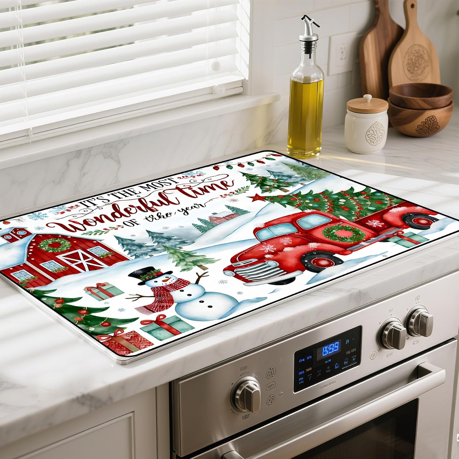 Heat-Resistant Stove Top Cover with Anti-Slip Rubber Coating – Merry Christmas Electric Stove Protector, Scratch-Resistant, Expands Counter Space (Car, 28.5″L x 20.5″W)