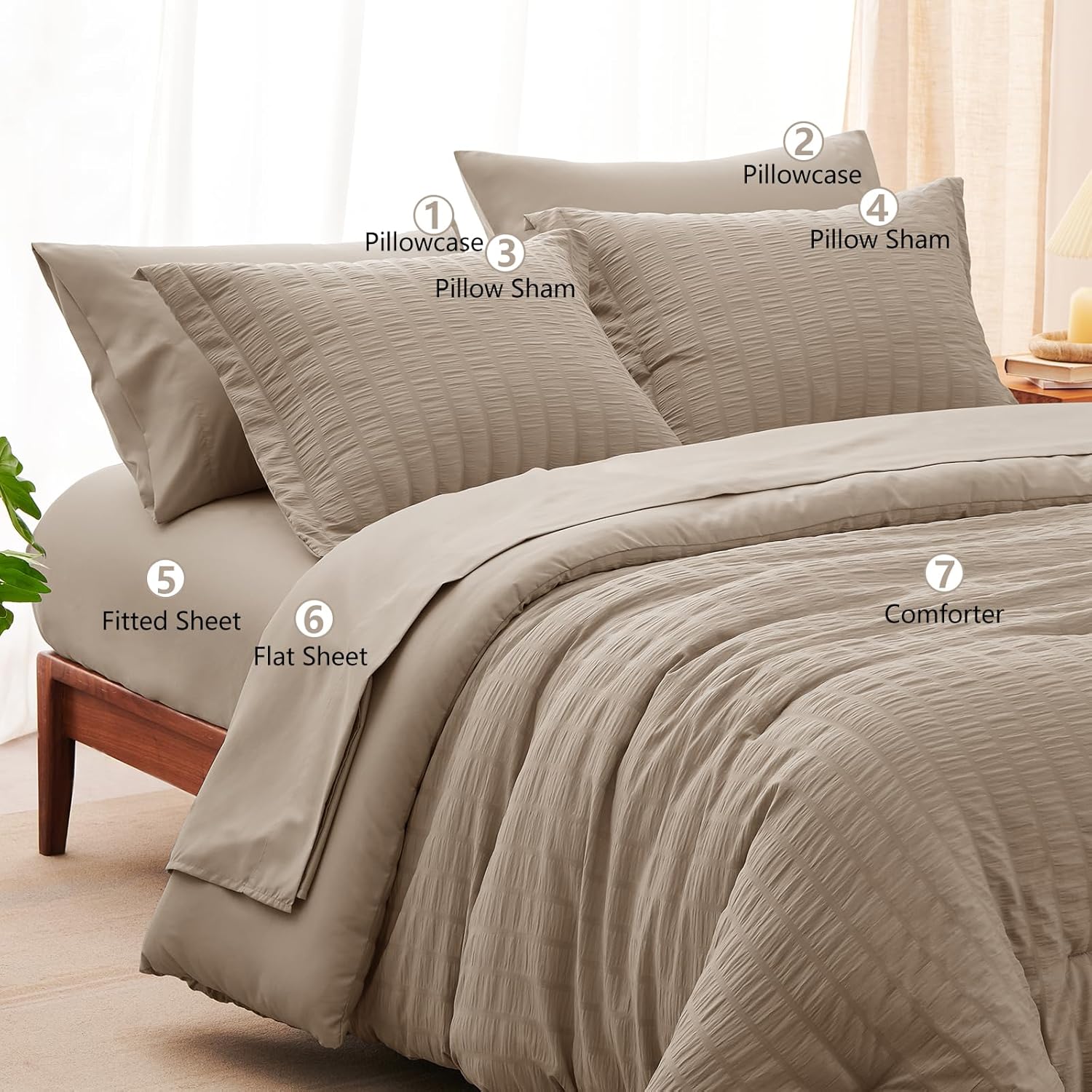 CozyLux Queen Comforter Set Khaki Seersucker 7 Pieces Bed in a Bag Queen Comforter Set with Sheets, Luxury Soft Bedding Set with Down Alternative Comforter, Sheets, Pillowcases & Shams for All Seasons - Image 6