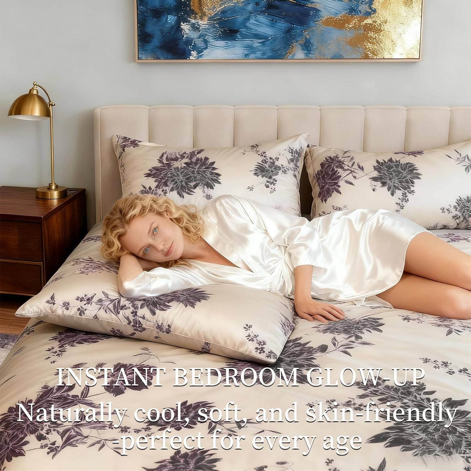 Large Bed Set - Floral Pattern Bed Set, 4-Piece Bedding, 1 Soft Plant Floral Duvet Cover, 1 Comfortable Plant Bed Sheet, and 2 Pillowcases (Cream, King 104 * 90) - Image 3