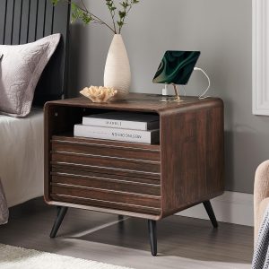 RedLemon 24" Nightstand with Charger Station, Mid Century Modern Fluted End Table with 2 Drawers, Wooden Side Table with Open Cubby Storage for Living Room, Bedroom, Office (Dark Walnut)