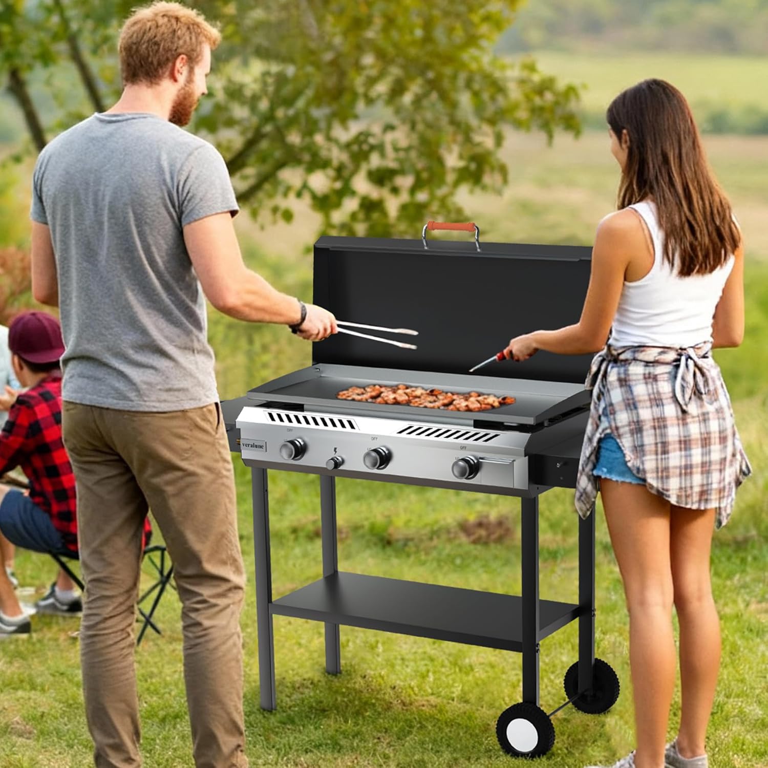 Veralune 3 Burner Propane Stove & Griddle with Ignition & Regulator, 225,000 BTU Powerful Portable Gas Griddle with Storage Shelf, Portable Wheels for Backyard Cooking BBQ Frying and Boiling - Image 8