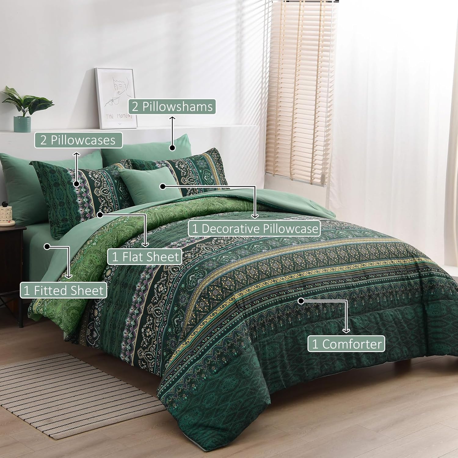 Boho Green Comforter Set Queen Size,8 Piece Bed in a Bag Bohemian Striped Bedding Quilt Set,Dark green Paisley Floral Comforter and Sheet Set,Soft Microfiber Complete Bedding Sets for All Season - Image 2