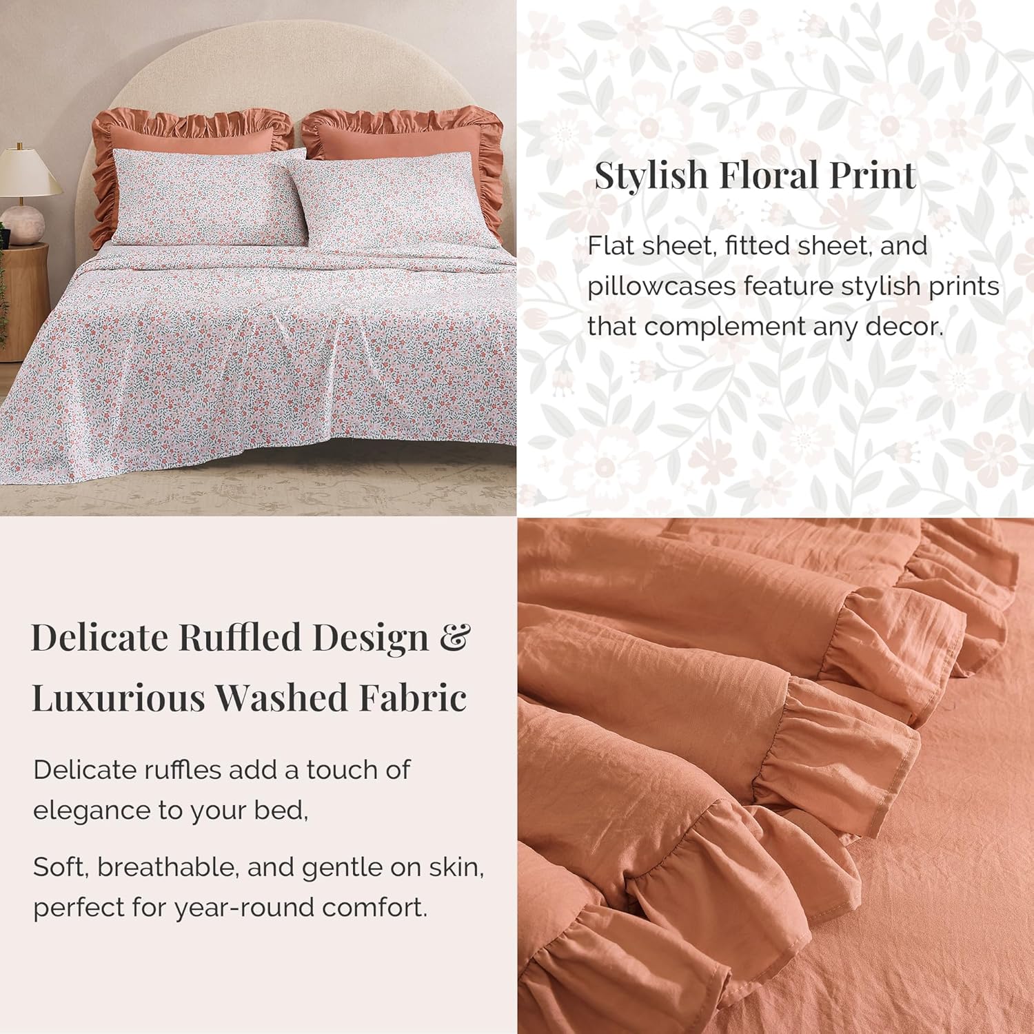 Queen Comforter Set - 7 Pieces Ruffle Autumn Leaf Bedding Sets, Shabby Chic Farmhouse Bed in a Bag Queen with Ruffle Comforter, Floral Sheets, Pillowcases & Shams - Image 8