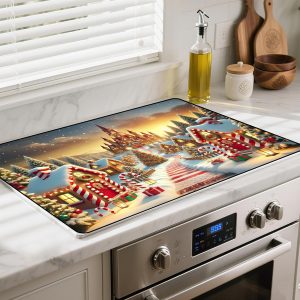 Heat-Resistant Stove Top Cover with Anti-Slip Rubber Coating – Merry Christmas Electric Stove Protector, Scratch-Resistant, Expands Counter Space (Castle, 28.5"L x 20.5"W)