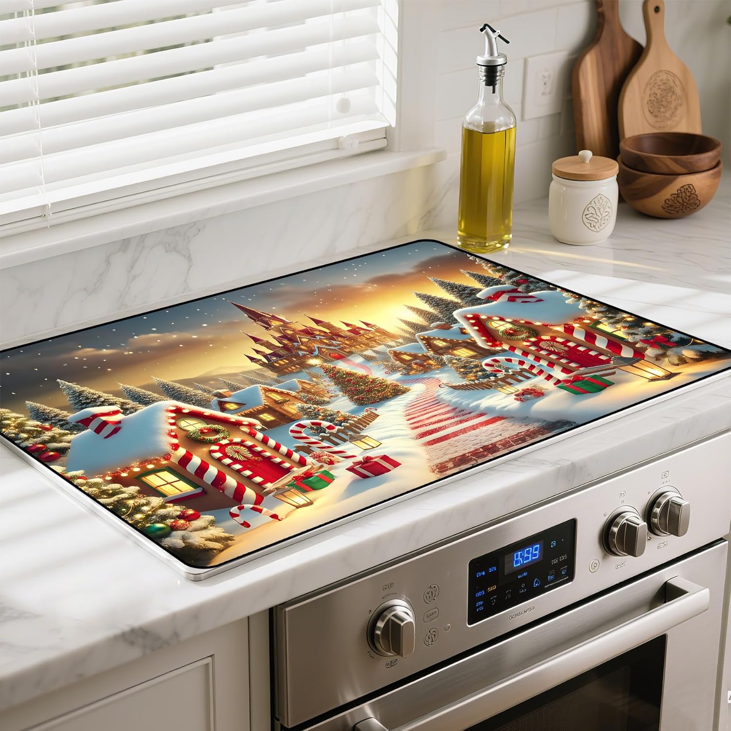 Heat-Resistant Stove Top Cover with Anti-Slip Rubber Coating – Merry Christmas Electric Stove Protector, Scratch-Resistant, Expands Counter Space (Castle, 28.5″L x 20.5″W)