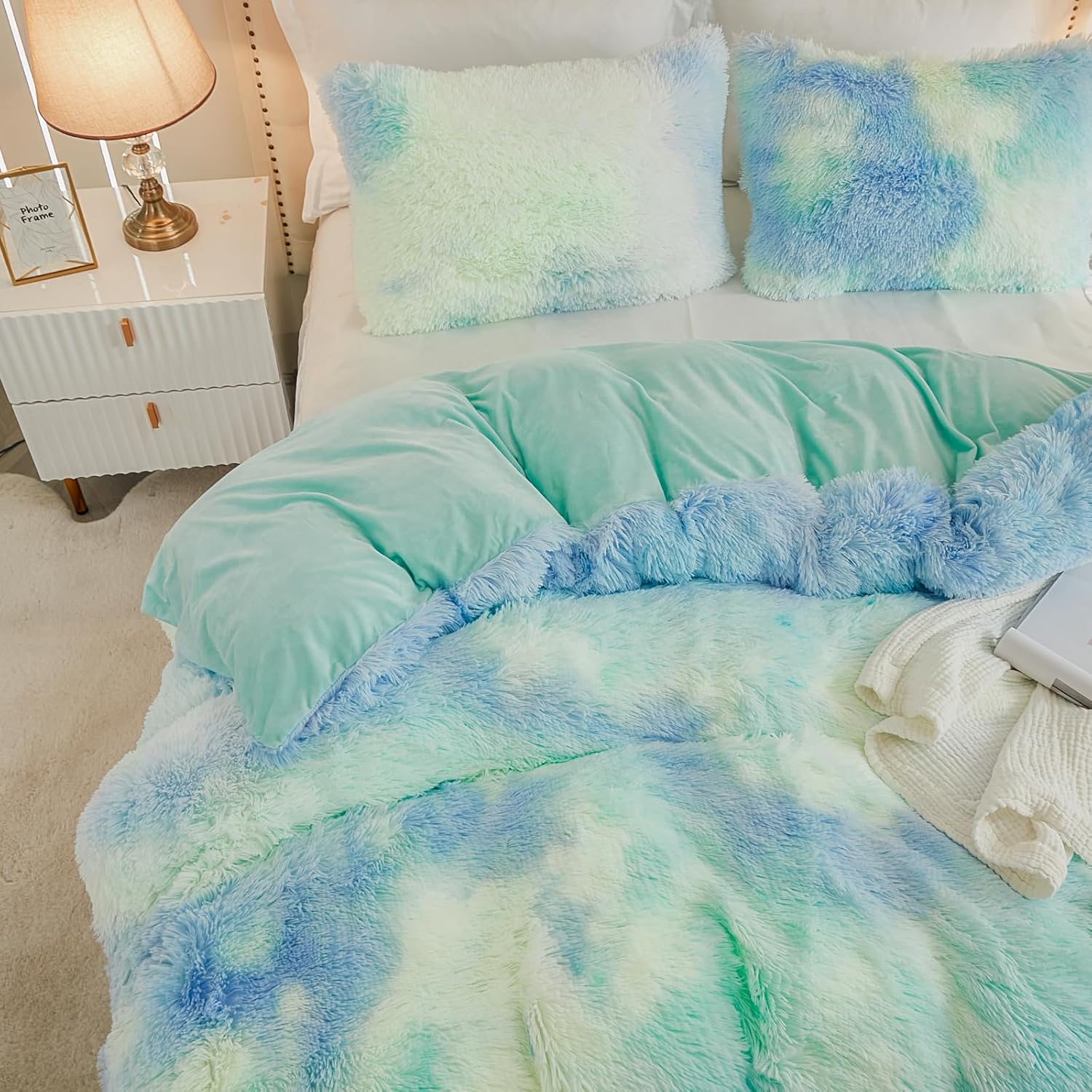 EMME Luxury Blue Fuzzy Duvet Cover Set Twin Size Fluffy Comforter Cover Set 2 Pieces Shaggy and Plush Soft Bedding Duvet Covers (Tie Dye Blue, Twin) - Image 3