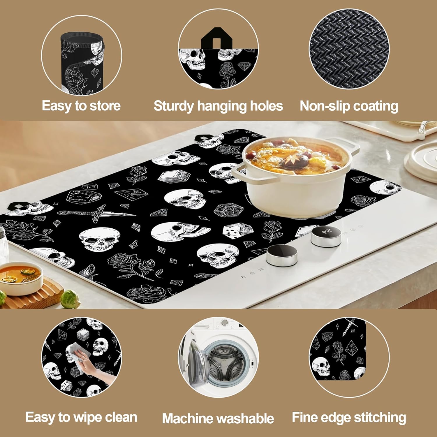 Electric Stove Top Cover Protector,Skull Head Rose Heat Resistant Glass Top Stove Oven Induction Cooktop Mat with Rubber for Kitchen Top Covers 28.5'' x 20.5'' - Image 5