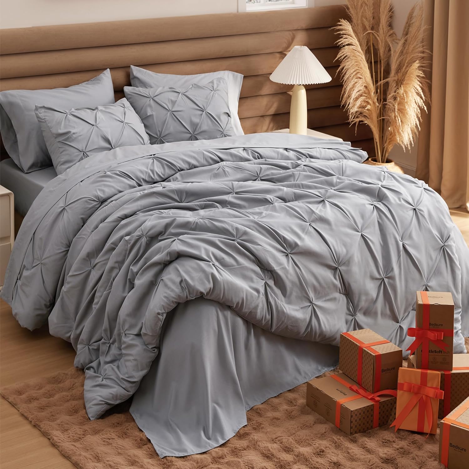 Bedsure Queen Comforter Set Grey - Bed in a Bag Queen Size Bedding 7 Pieces, GentleSoft™ Pintuck Bed Set Gift for Family, Pinch Pleat All Season Comforter with Sheets, Pillowcases & Shams - Image 8