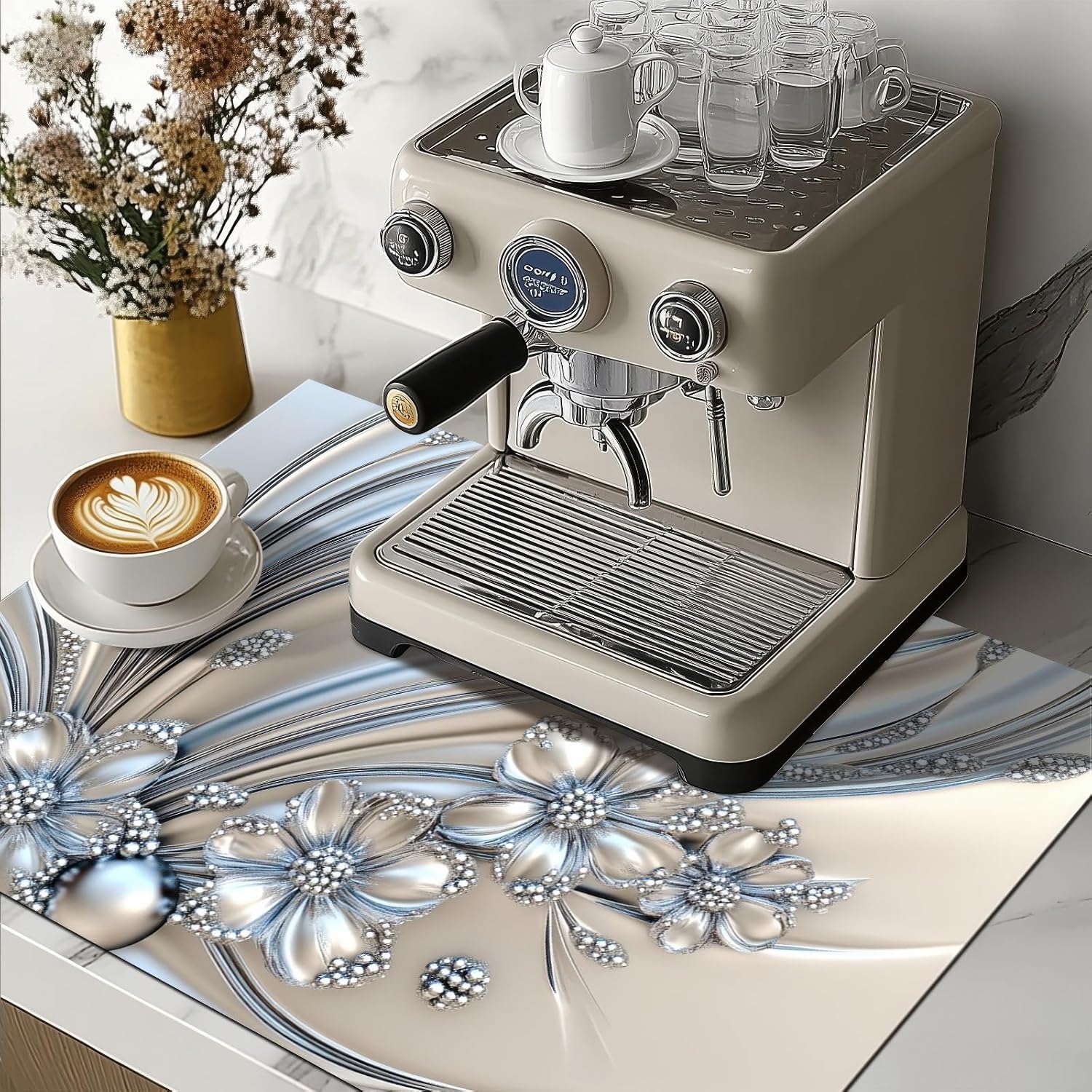 Silver Flowers Stove Top Cover for Electric 28 x 20 inches Pad Silver Flora Kitchen Decorations offee Bar Mats Pad for Stove Top, Dishes, Utensils, Countertops, Sinks - Image 2