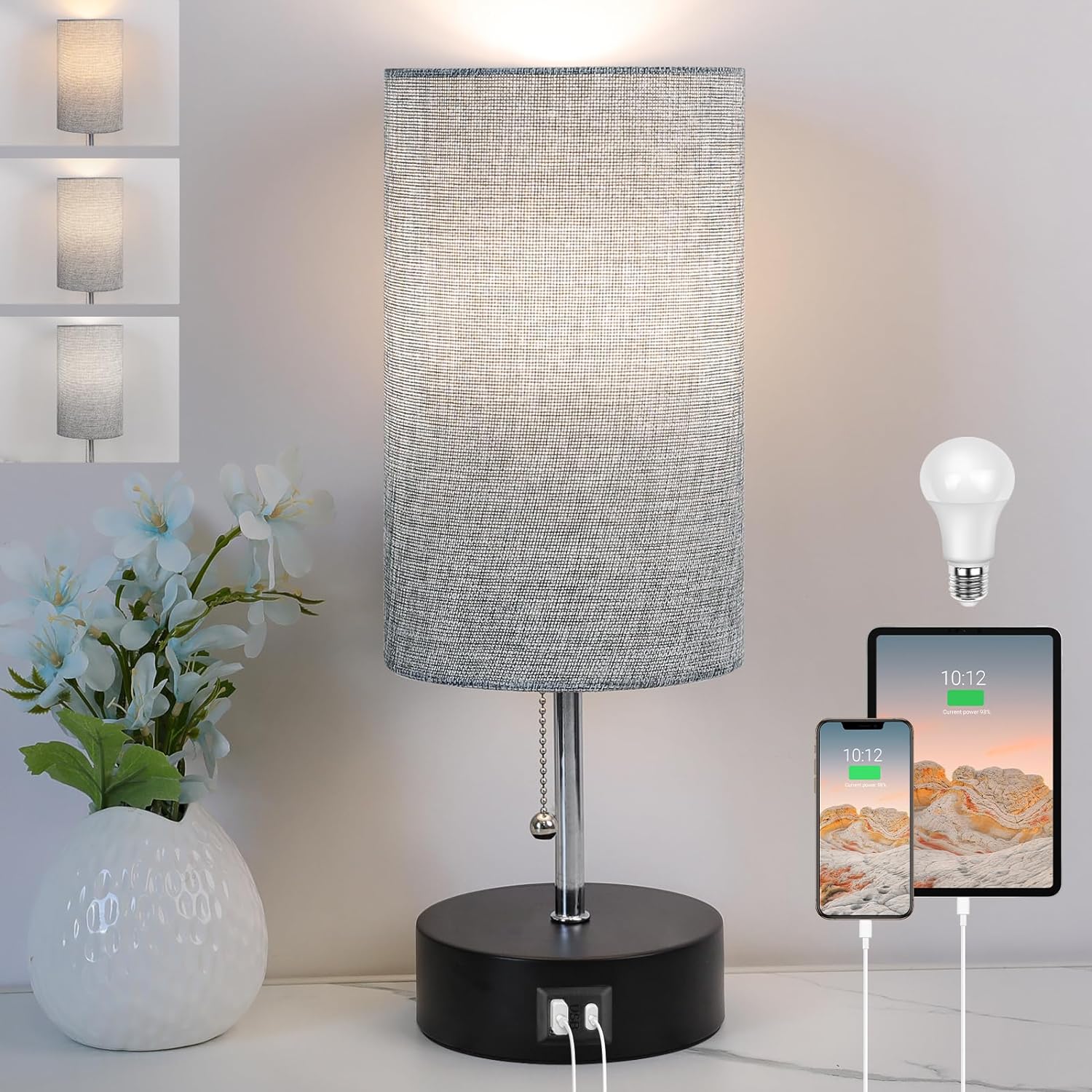 3-Color Temperature Bedside Lamp Nightstand Lamp with USB A Port and C Port, Table Lamp for Bedroom with LED Bulb Small Lamps for Living Room (Gray)
