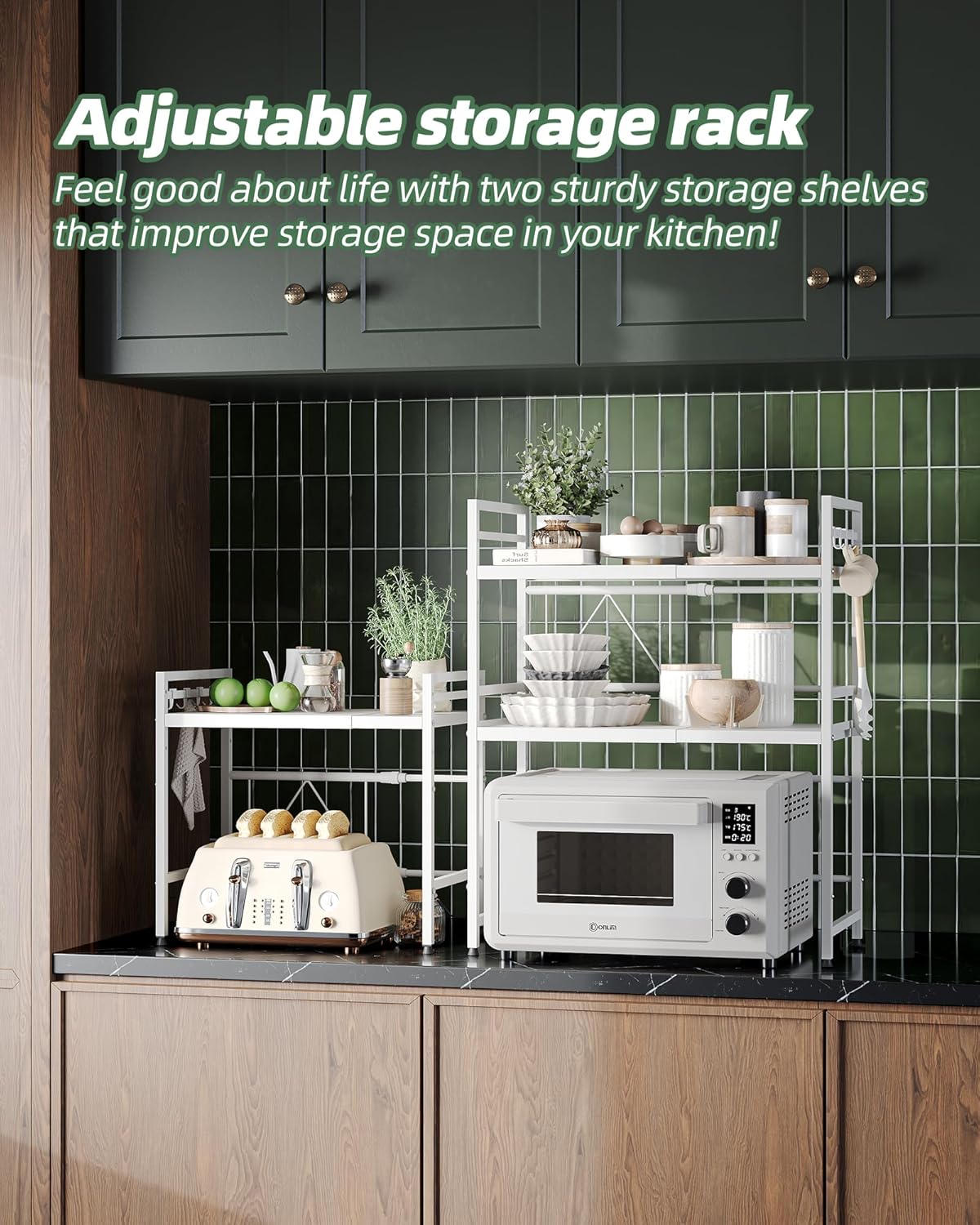 NETEL Expandable Microwave Stand,2 Tier Metal Kitchen Countertop Organizer Shelves with 8 Hooks,Bakers Rack,Microwave Shelf,Microwave Oven Rack,55lbs Weight Capacity - Image 6