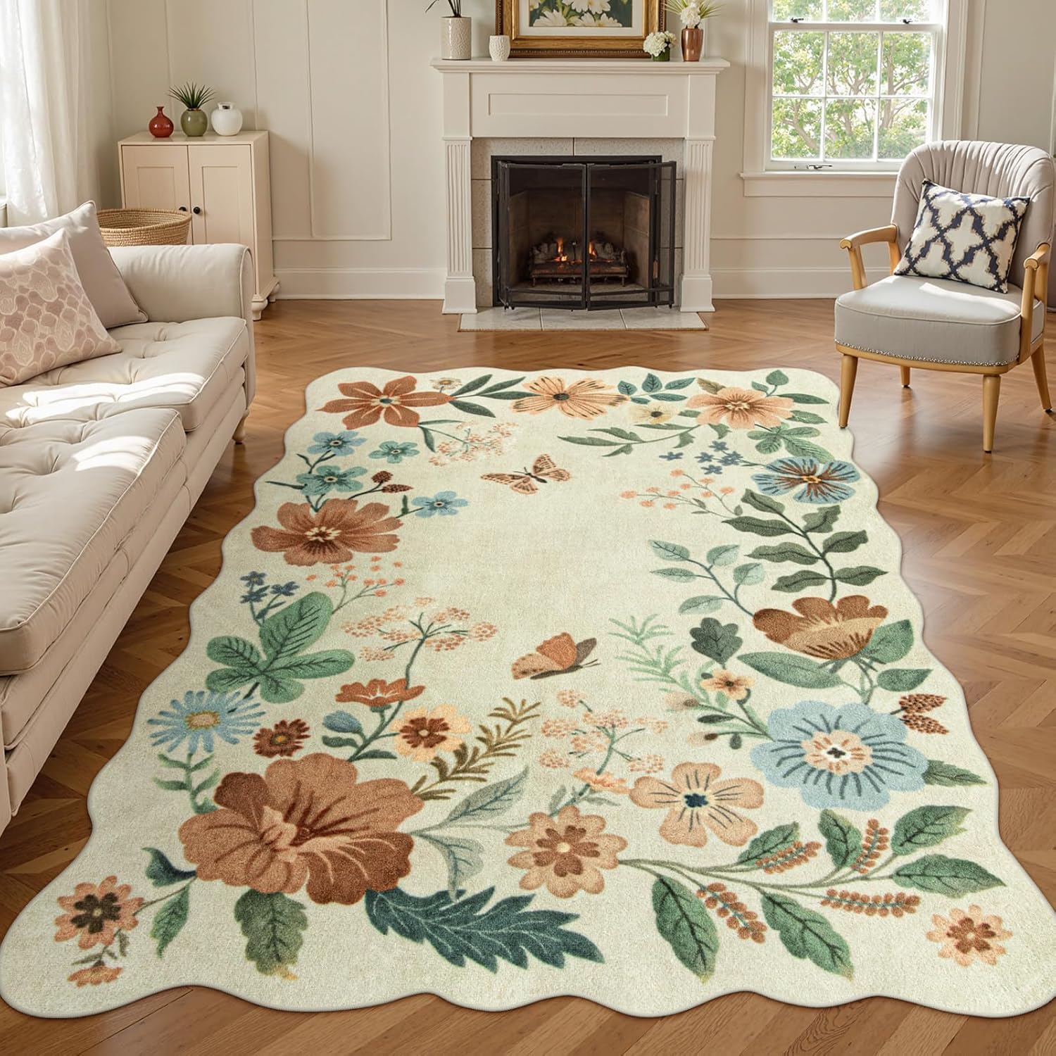 Lahome Floral Living Room Rug, 5×7 Rugs for Bedroom Ultra-Thin Soft Washable Dining Room Rug, Non Slip Stain Resistant Boho Low-Pile Throw Carpet for Office (5x7ft,Beige)