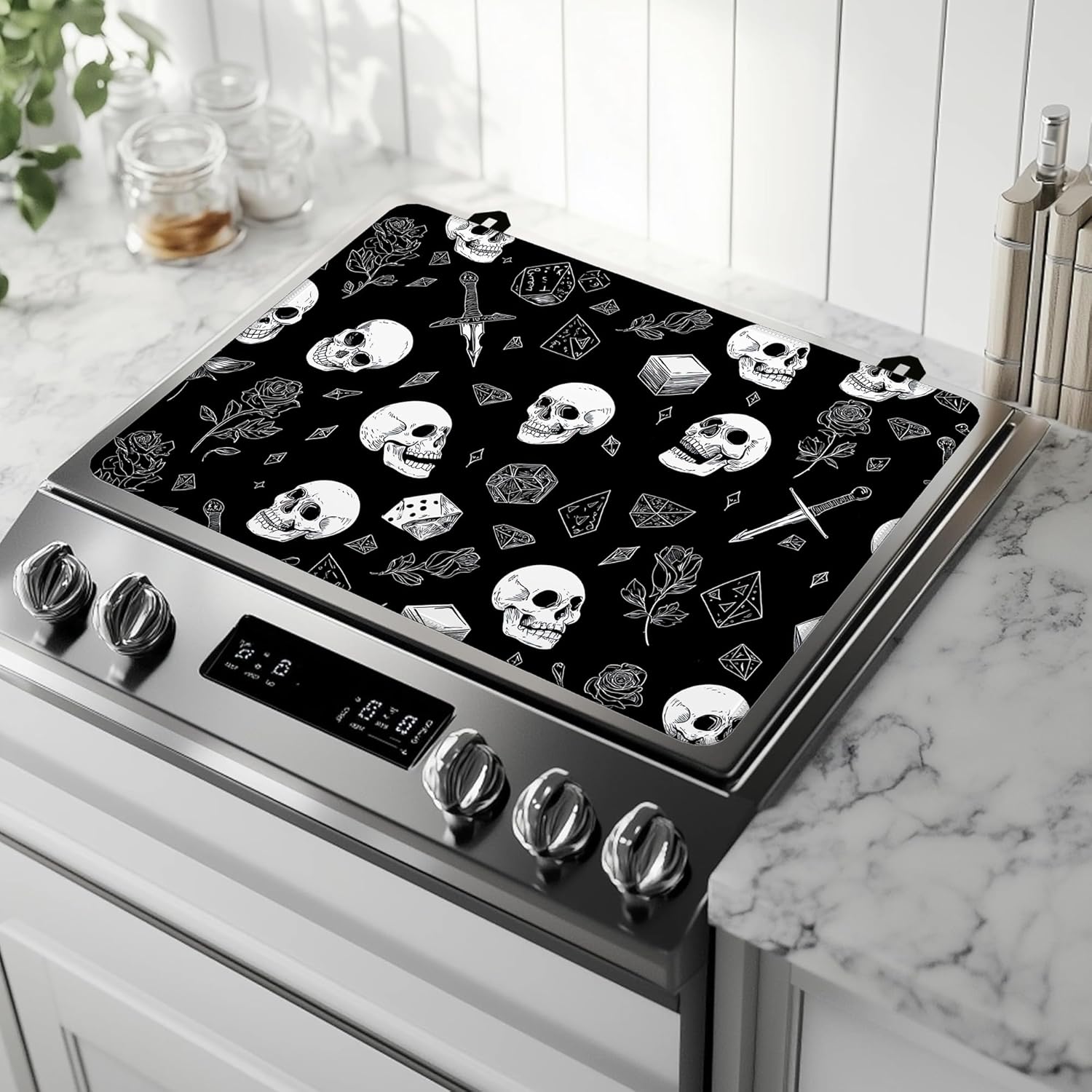 Electric Stove Top Cover Protector,Skull Head Rose Heat Resistant Glass Top Stove Oven Induction Cooktop Mat with Rubber for Kitchen Top Covers 28.5'' x 20.5''