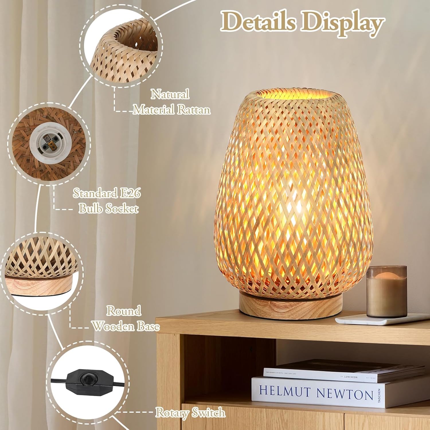 Rattan Table Lamp, Stepless Dimmable Small Beside Lamp, Vintage Wicker Wooden Nightstand Boho Bamboo Woven End Table Lamps for Bedroom Living Room Desk Kids Room, 2700K T45 LED Bulb Included - Image 4
