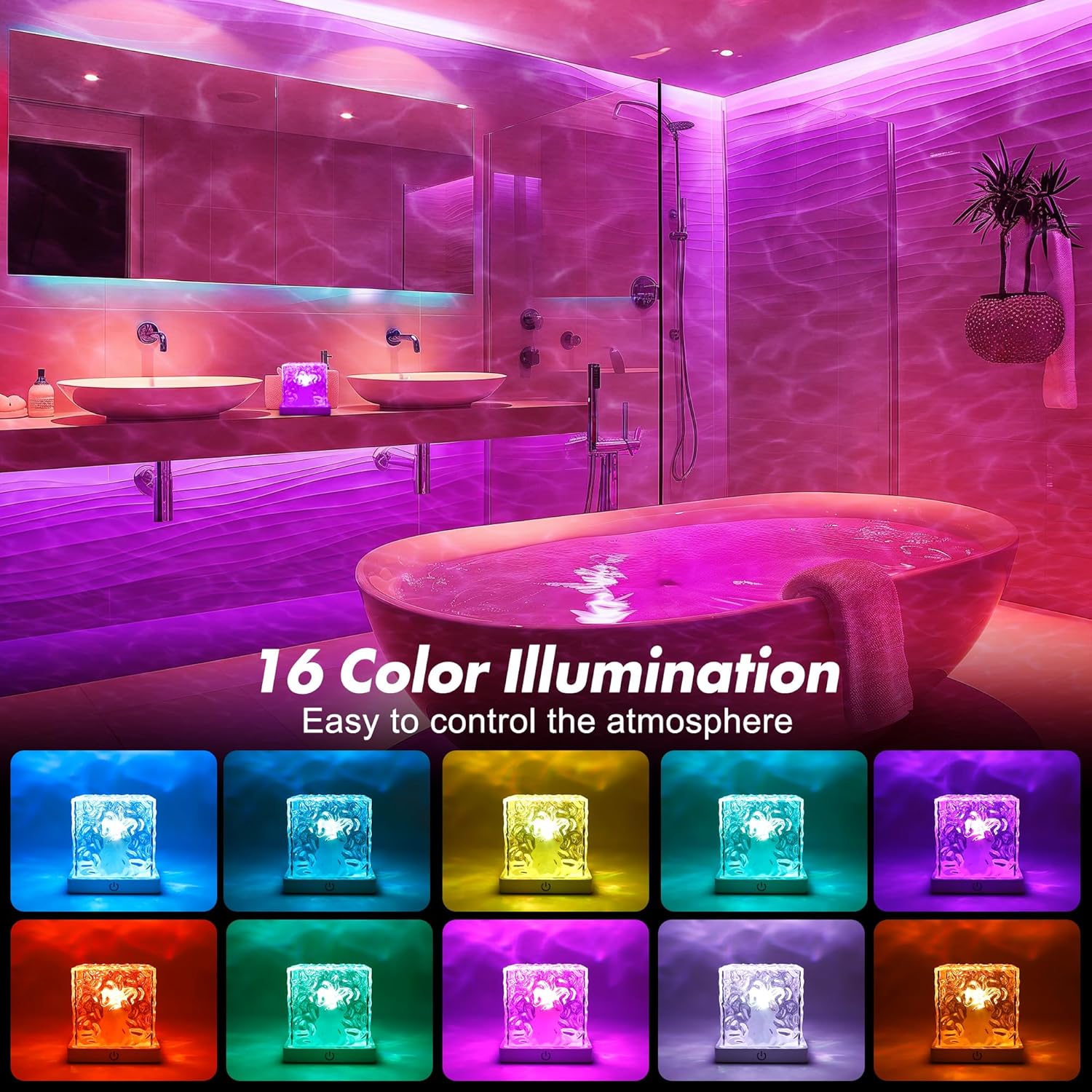 Rechargeable Shower Light No Wiring, 16 Color Changeable Ocean Wave Projector Light, Dimmable Waterproof Shower Lamp with Remote, Rotating Flame Water Ripple Lamp for Shower, Bathroom, Bedroom Decor - Image 3