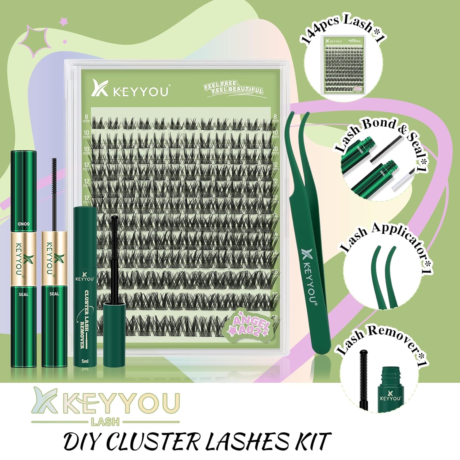 KEYYOU LASH Extension Kit 144Pcs Angel Lash Clusters Kit Thick Eyelash Extension Kit with Glue and Seal,Tweezers,Remover for DIY lash extension kit at Home(Kit-Angel A02-D-8-18MIX) - Image 2