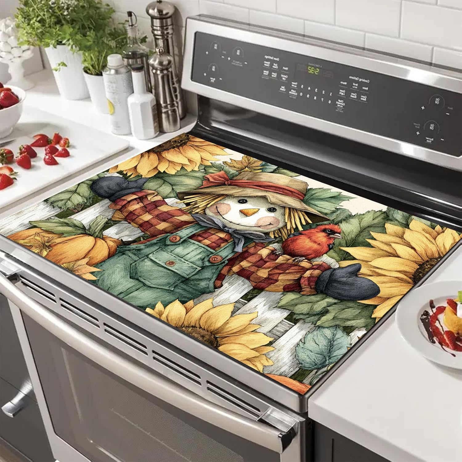 Stove Top Covers for Electric Stove 28×20 Inches Fall Scarecrow Sunflower Pumpkin Design Heat Resistant Cooktop Protector Countertop Cover Dish Drying Mat for Kitchen Autumn Harvest Decor